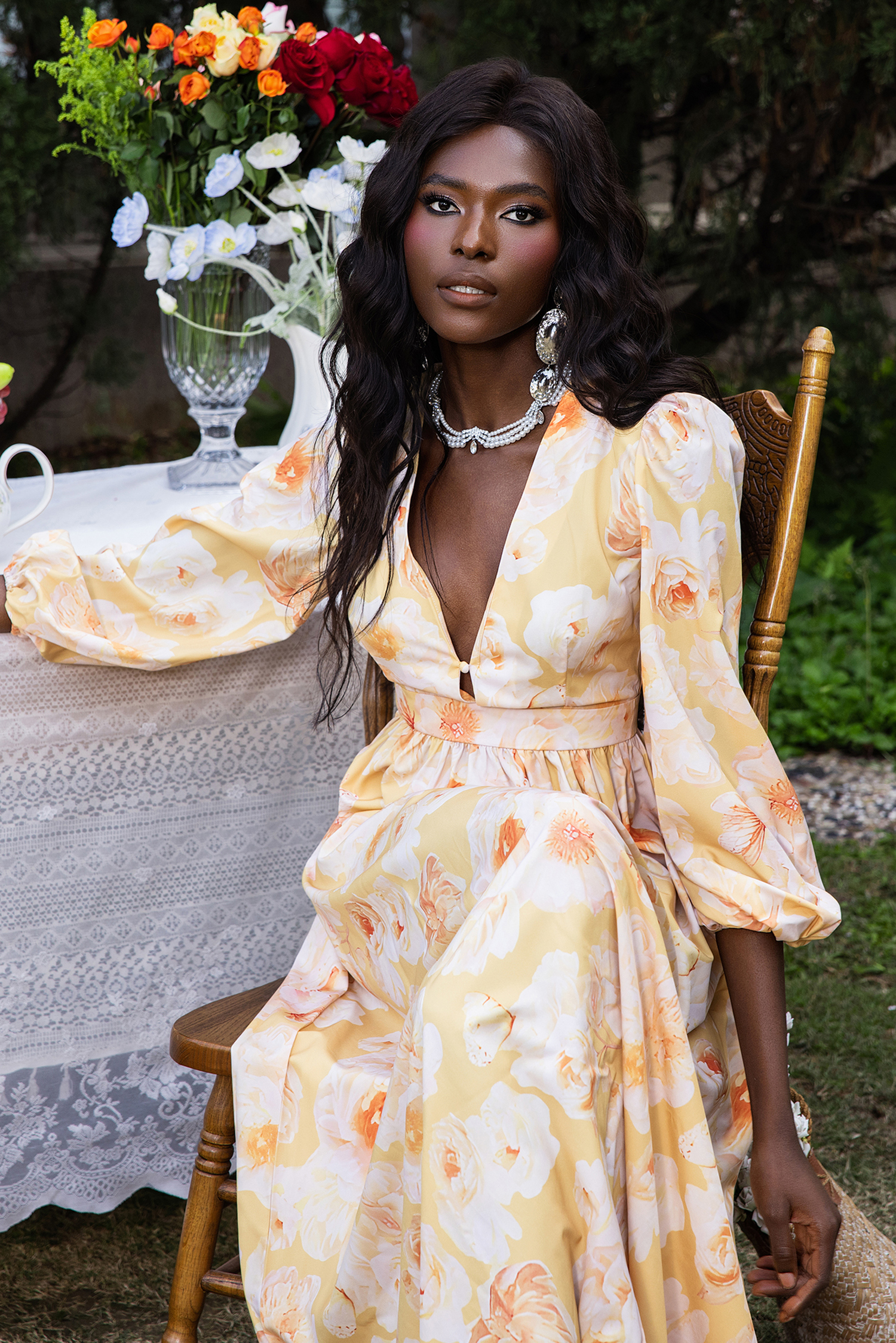 Floral V-Neck Long Sleeve Midi Dress