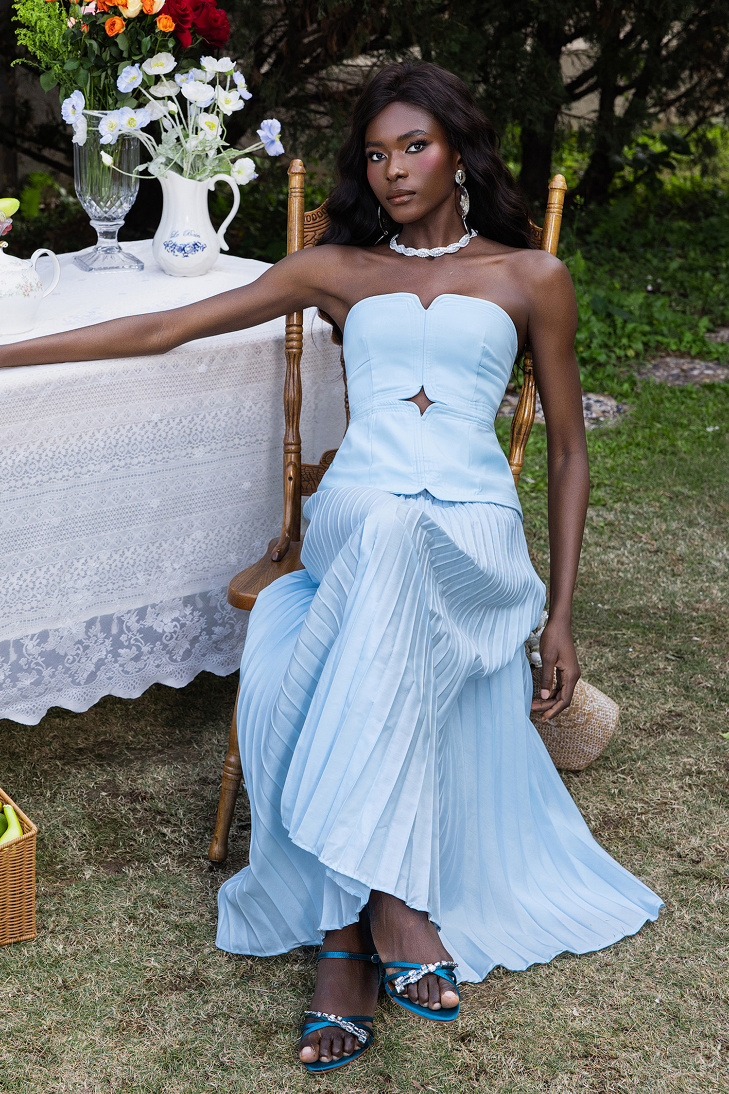 Sweetheart Neck Off-Shoulder Pleated Midi Dress