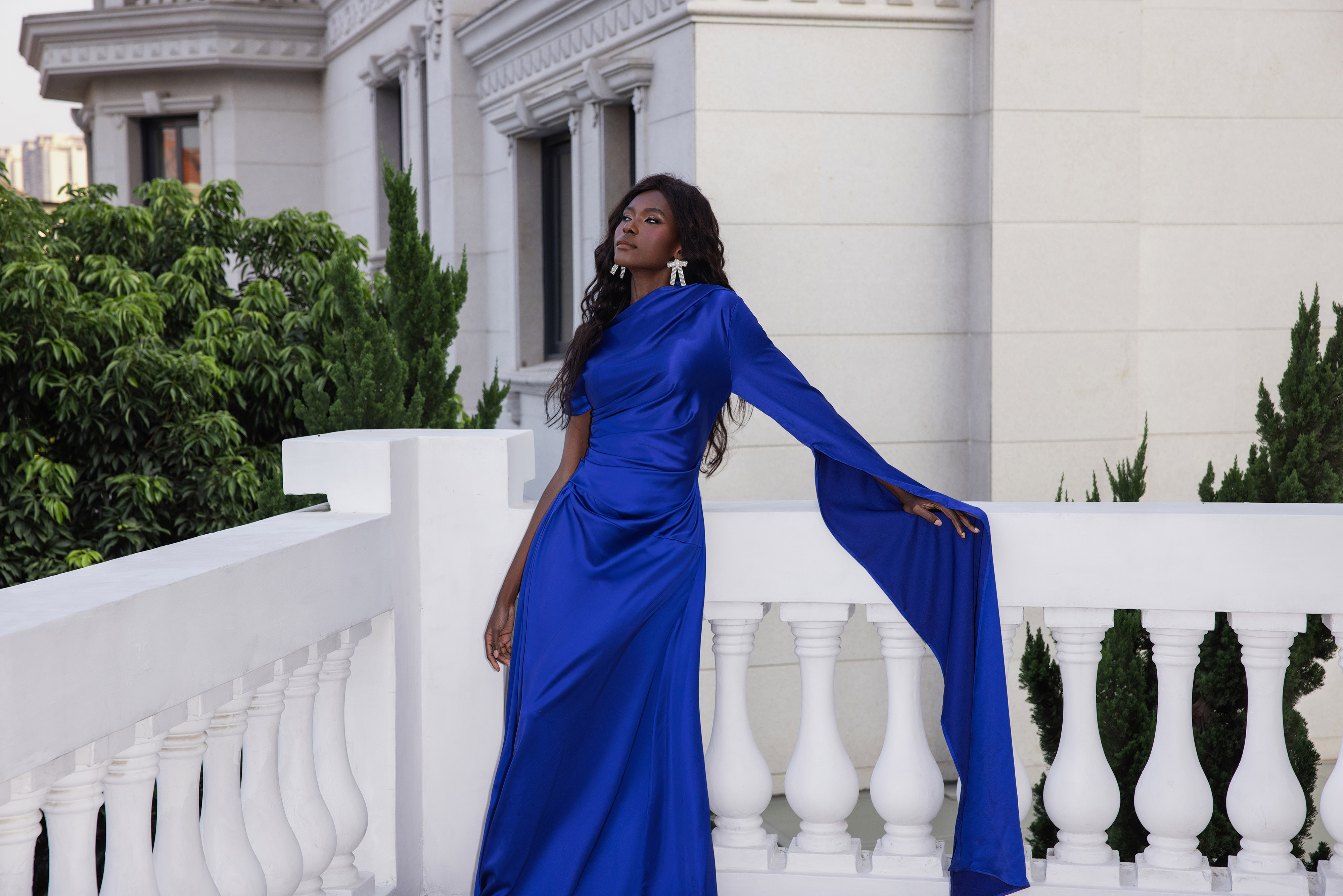 Satin Asymmetrical Neckline Draped Maxi Dress