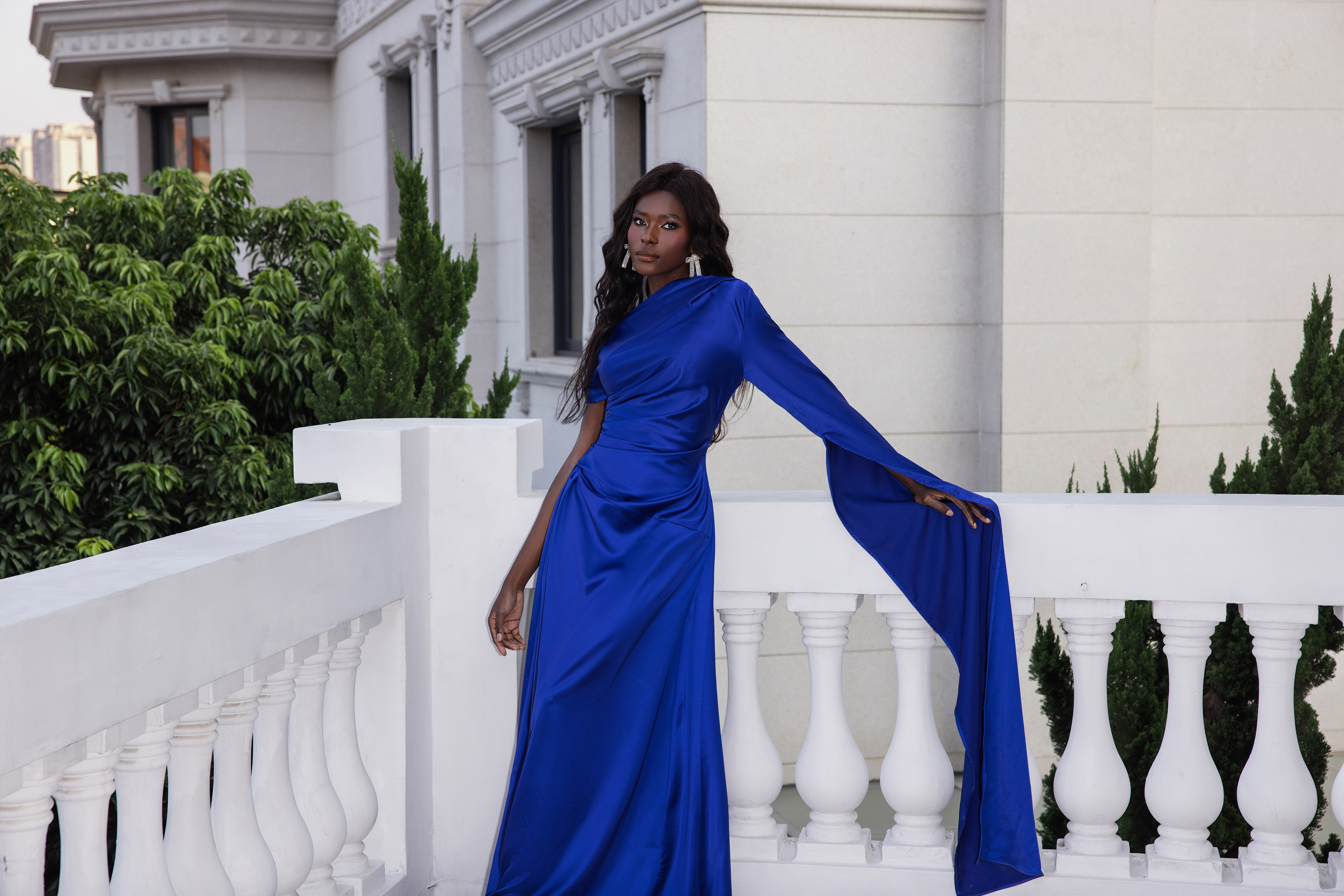 Satin Asymmetrical Neckline Draped Maxi Dress