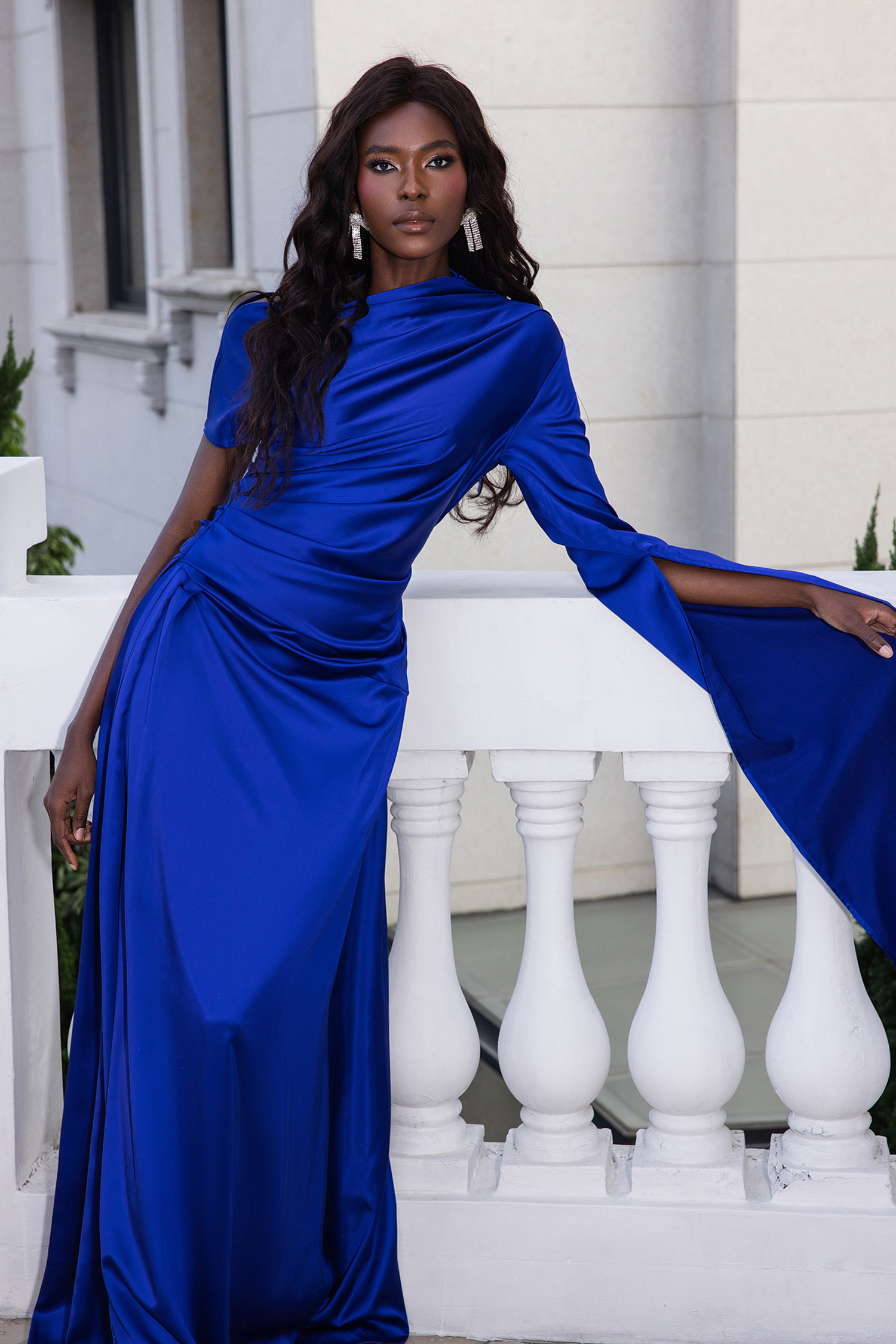 Satin Asymmetrical Neckline Draped Maxi Dress