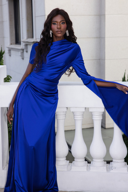 Satin Asymmetrical Neckline Draped Maxi Dress