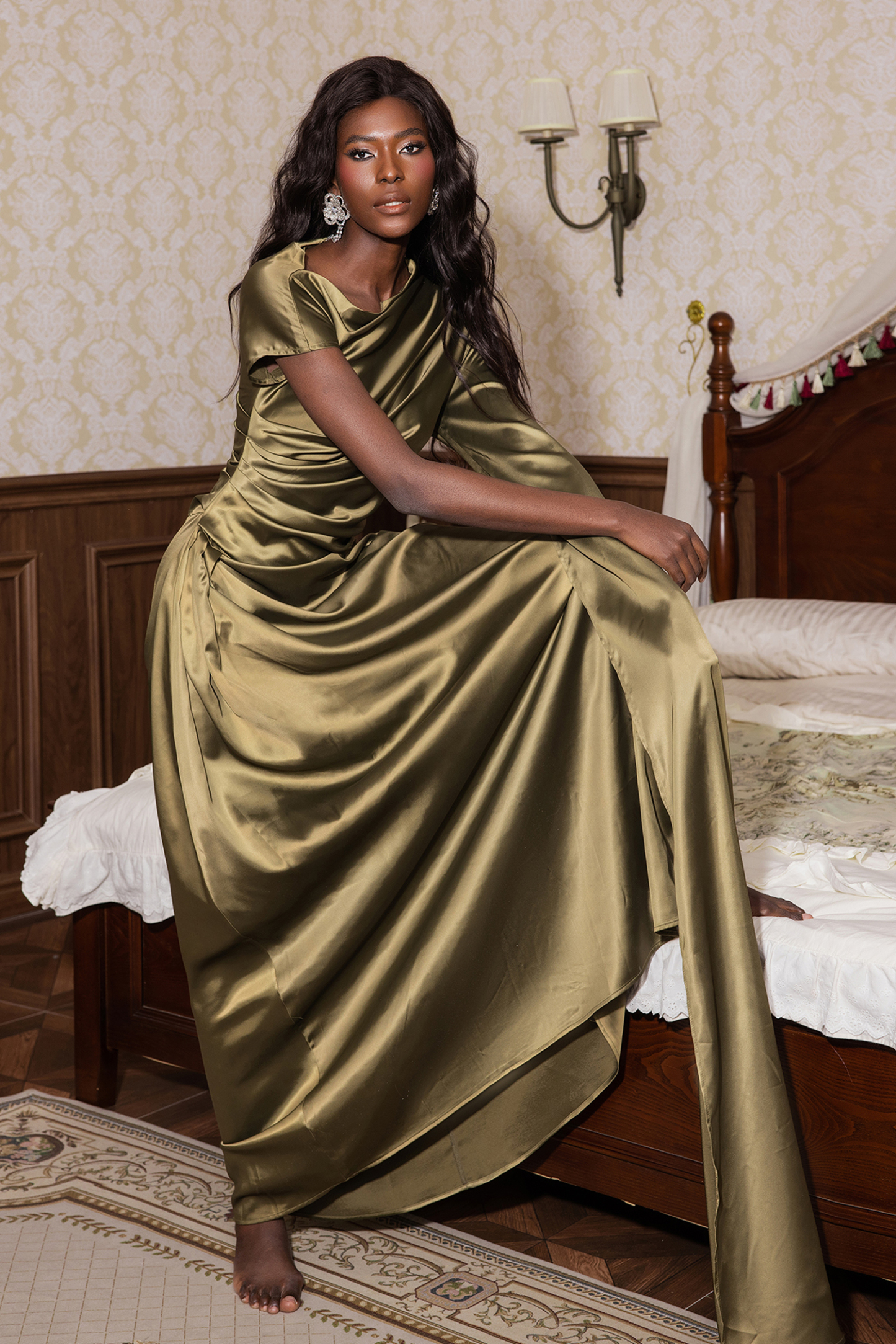 Satin Asymmetrical Neckline Draped Maxi Dress