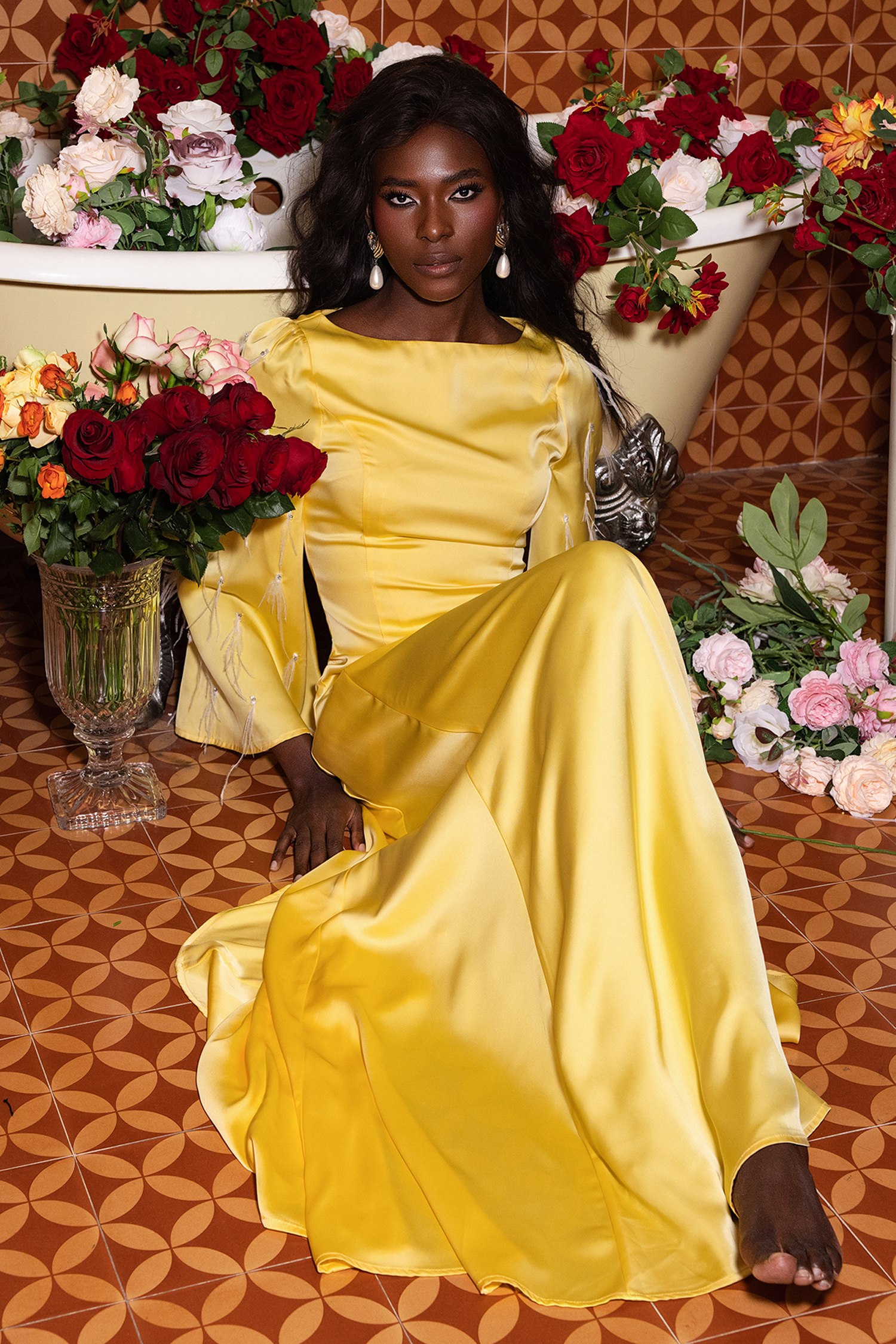 Solid Satin Rhinestone Maxi Dress