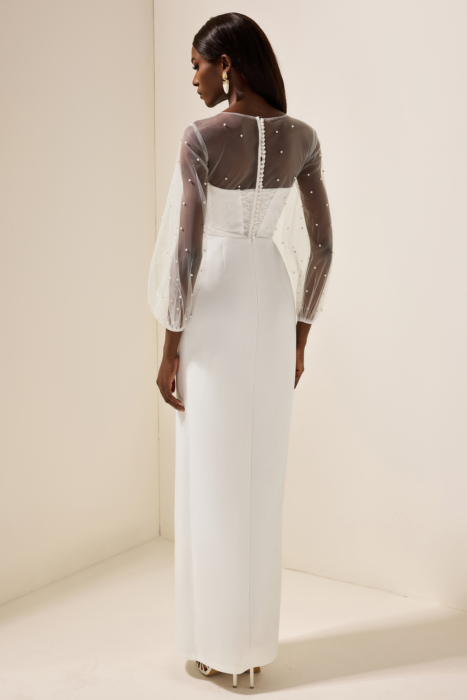 Faux Pearl Lantern Sleeve Midi Dress