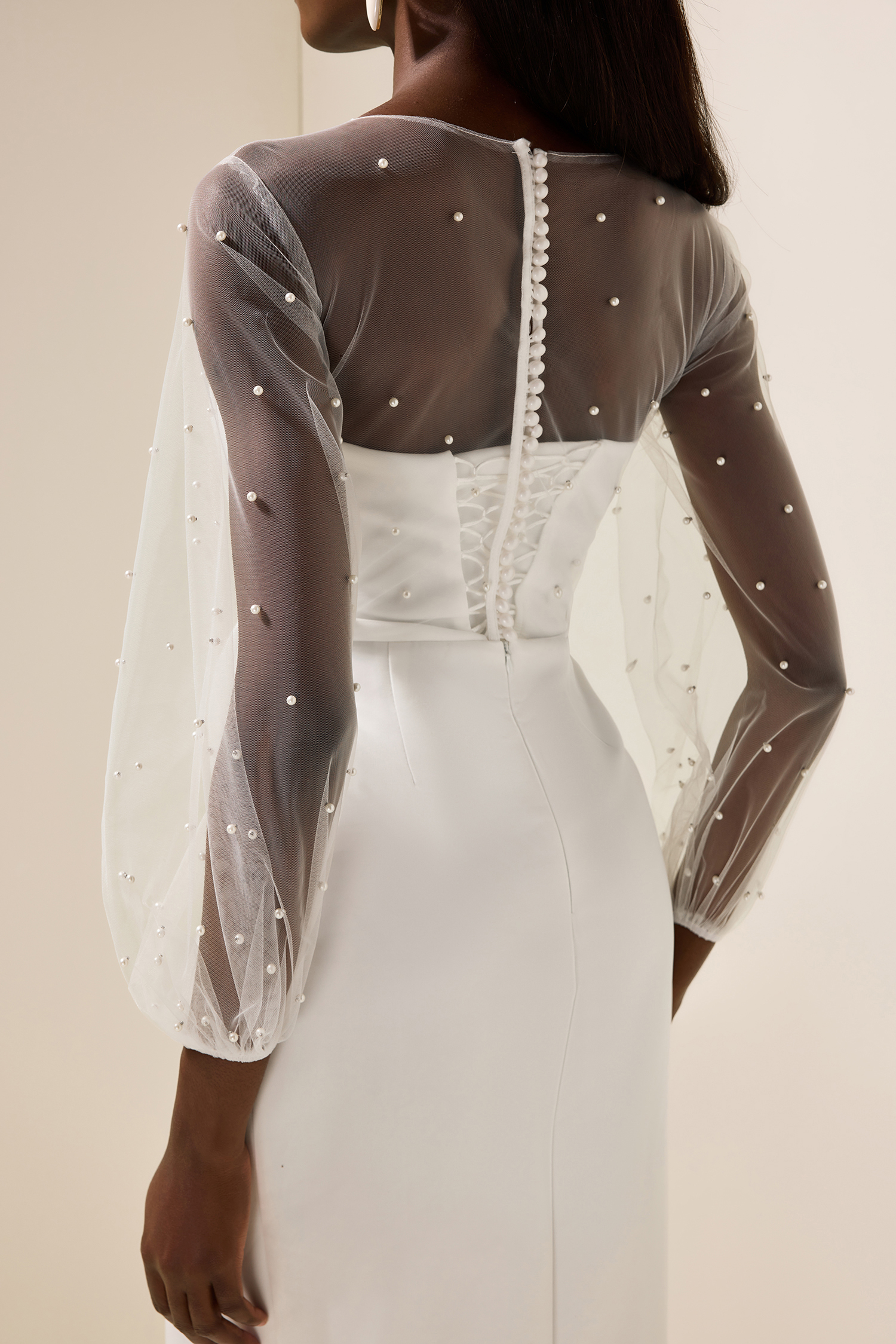 Faux Pearl Lantern Sleeve Midi Dress
