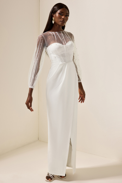 Faux Pearl Lantern Sleeve Midi Dress