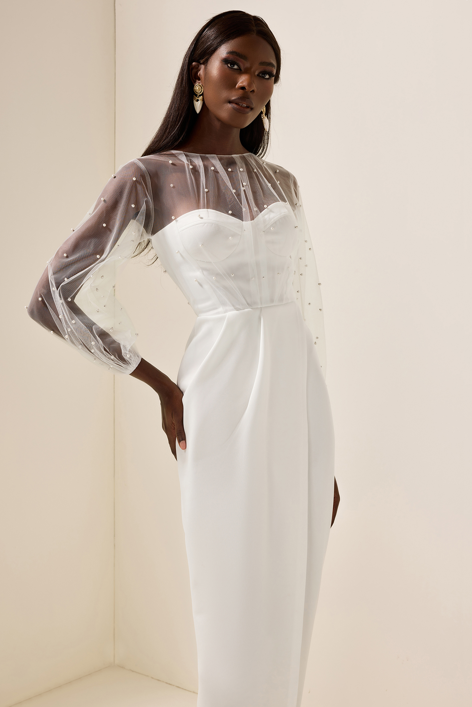 Faux Pearl Lantern Sleeve Midi Dress