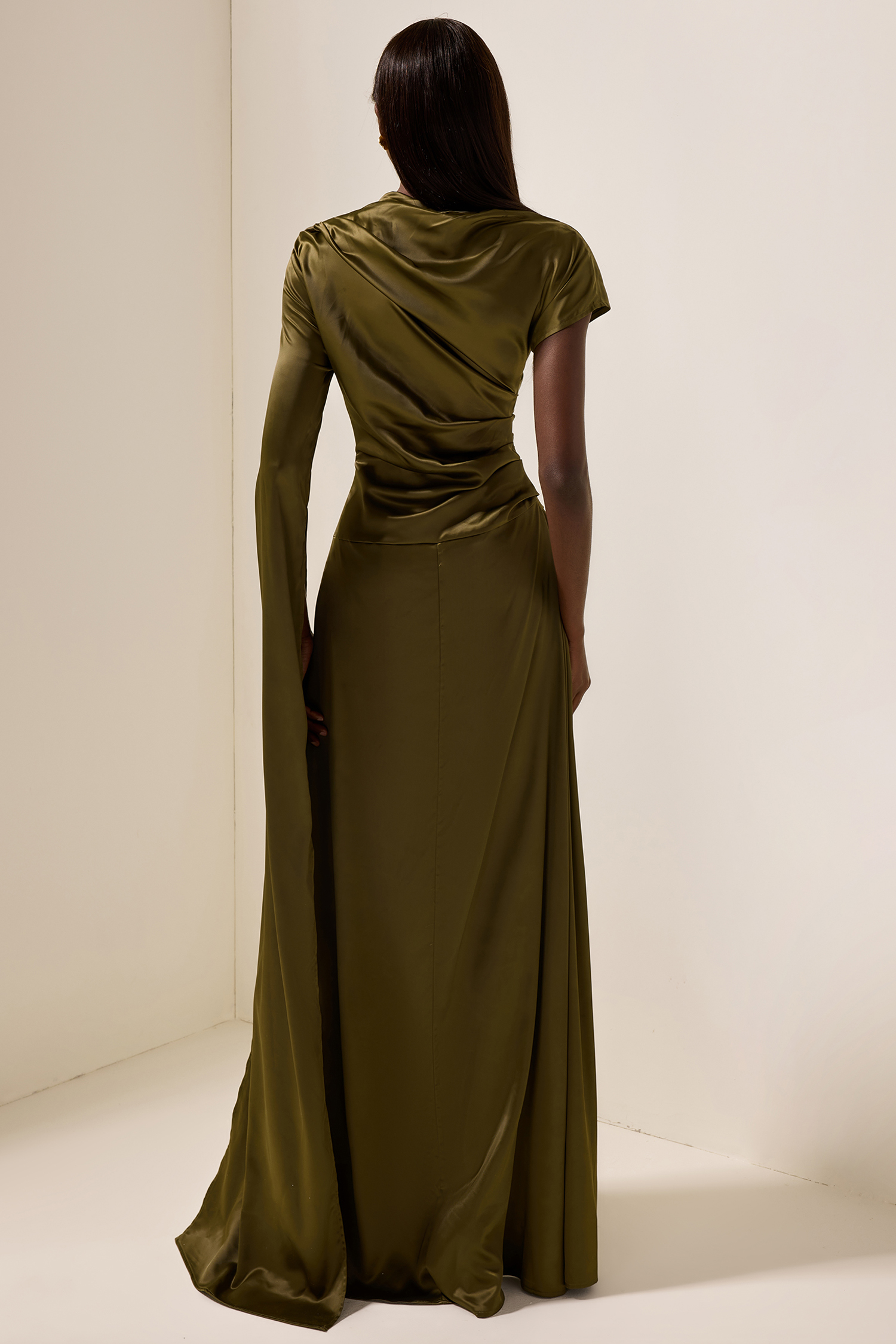 Satin Asymmetrical Neckline Draped Maxi Dress
