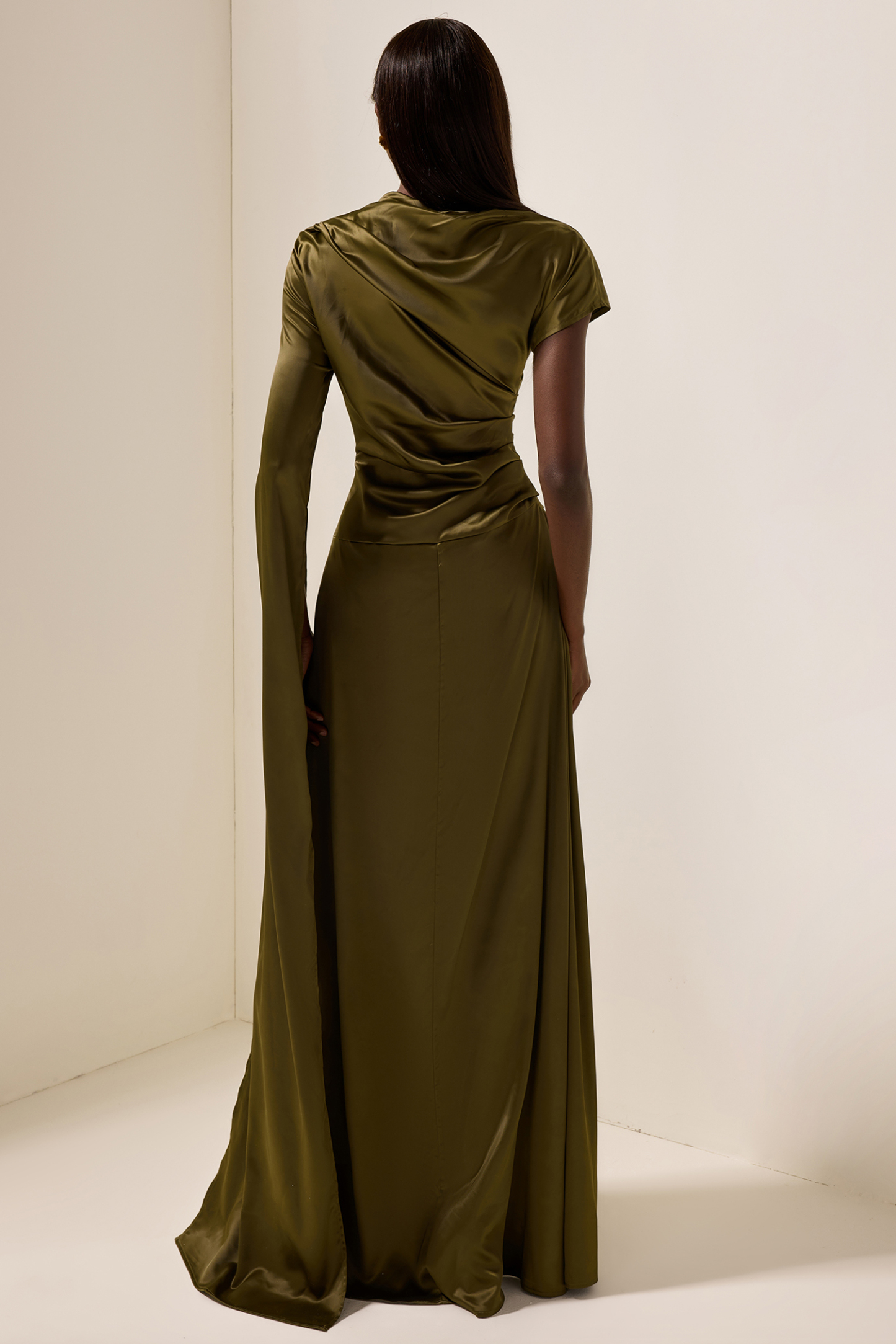 Satin Asymmetrical Neckline Draped Maxi Dress