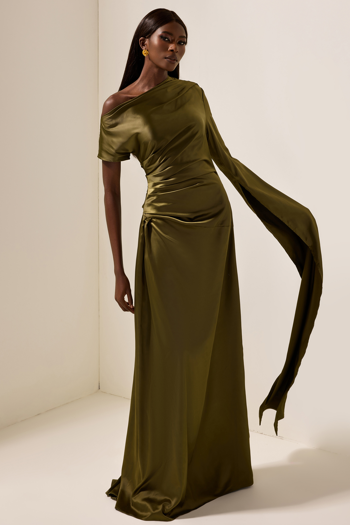 Satin Asymmetrical Neckline Draped Maxi Dress