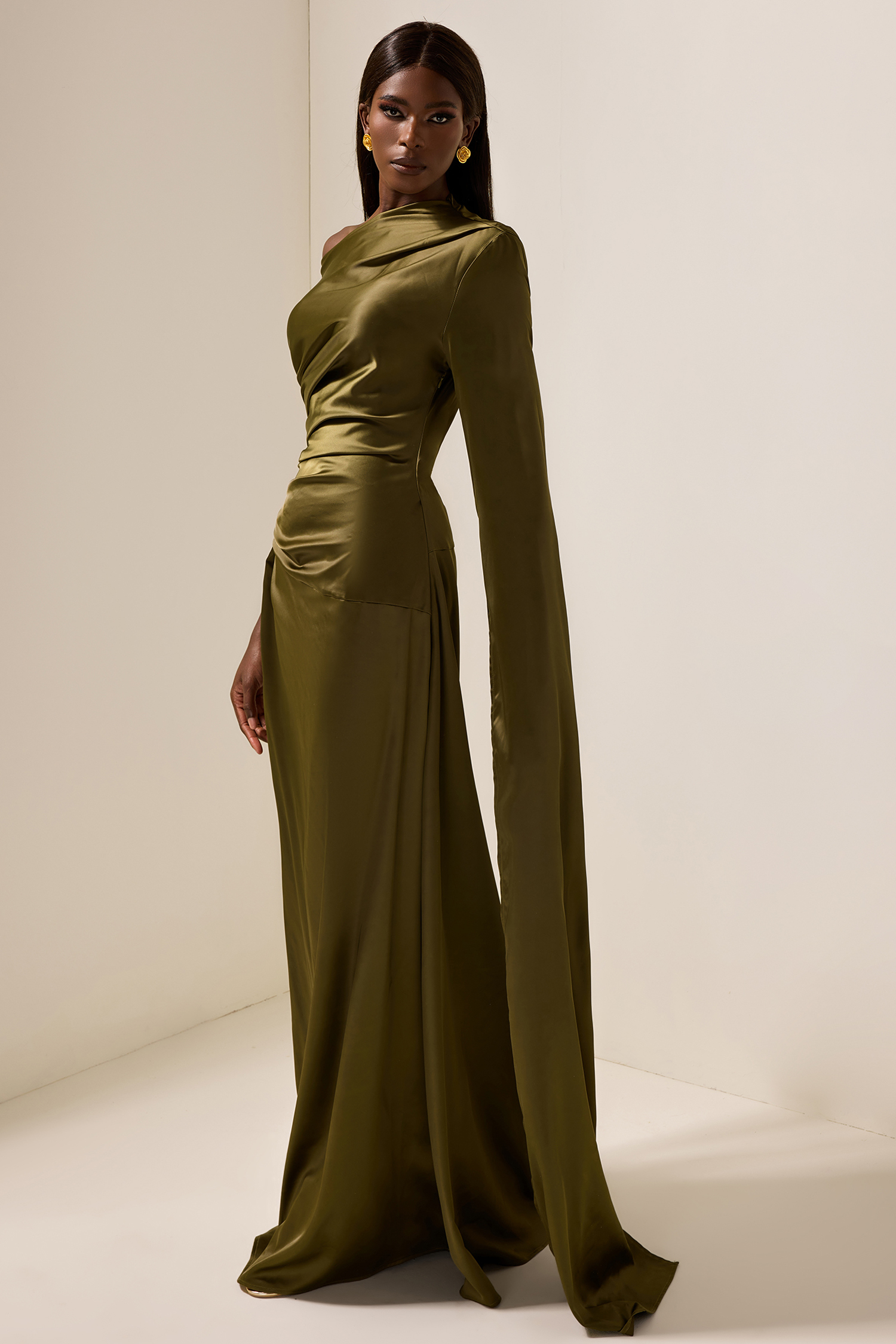 Satin Asymmetrical Neckline Draped Maxi Dress