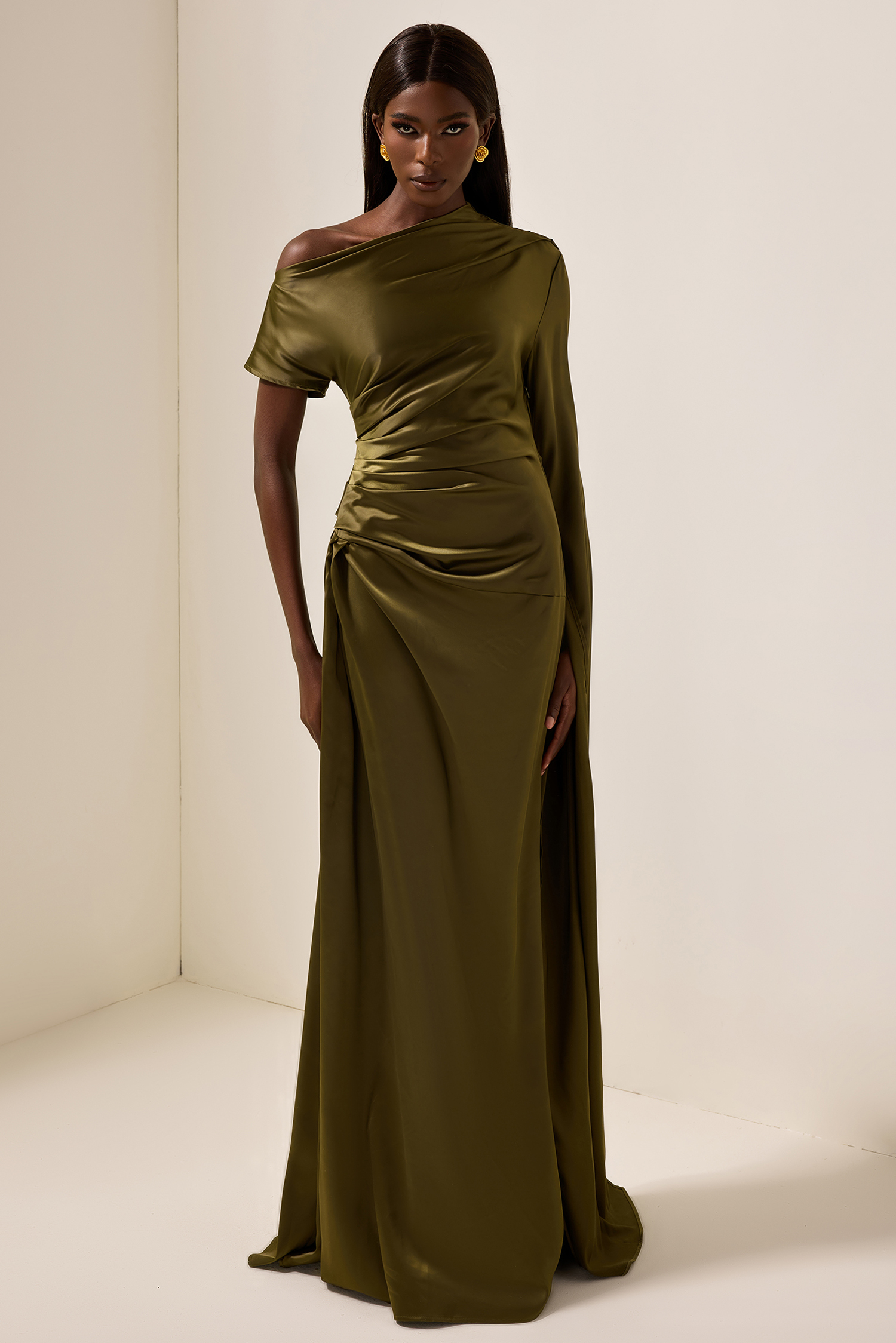 Satin Asymmetrical Neckline Draped Maxi Dress