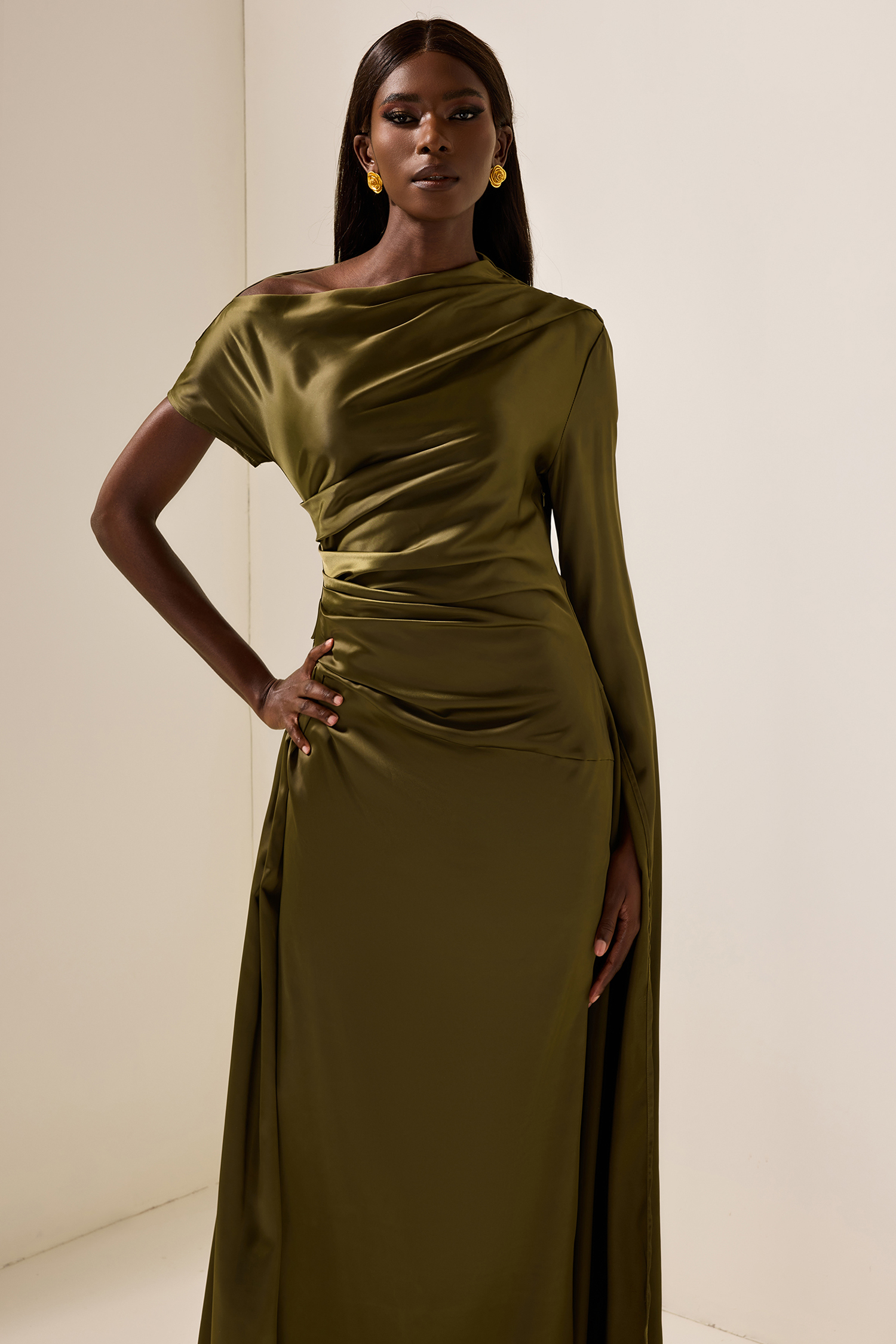 Satin Asymmetrical Neckline Draped Maxi Dress