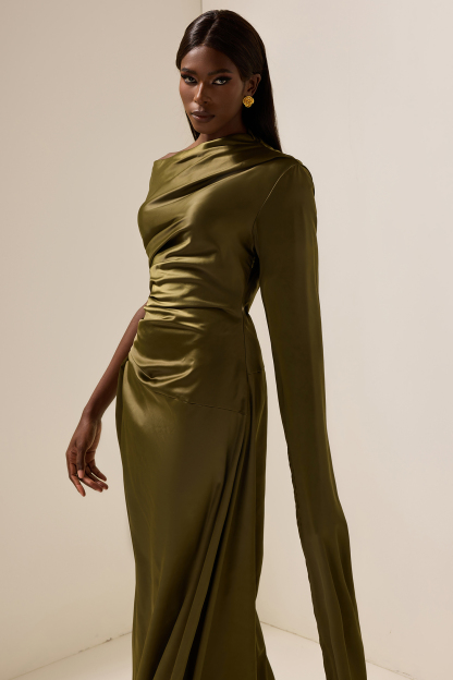 Satin Asymmetrical Neckline Draped Maxi Dress