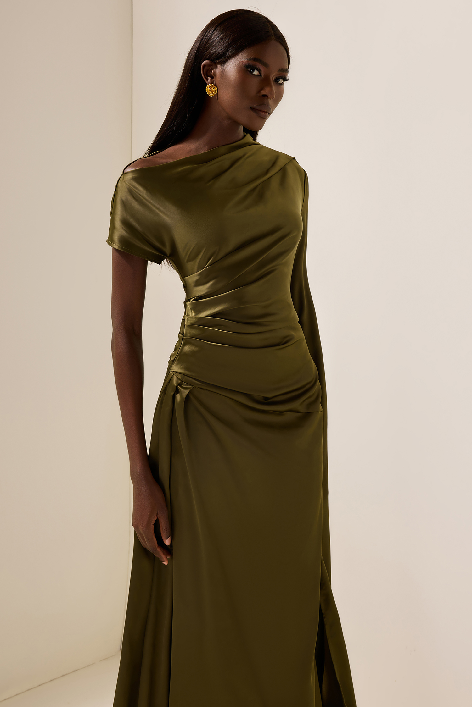 Satin Asymmetrical Neckline Draped Maxi Dress