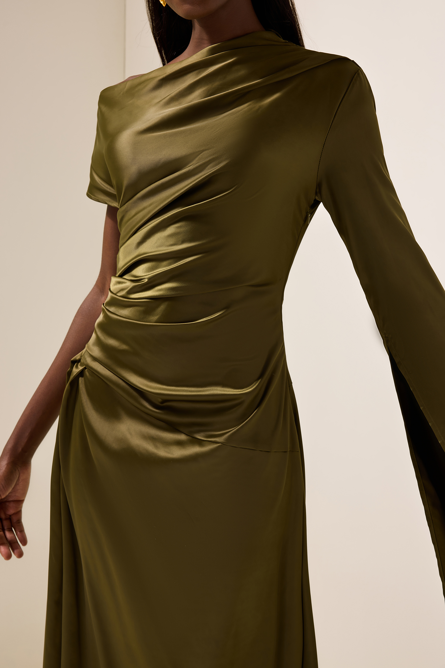 Satin Asymmetrical Neckline Draped Maxi Dress