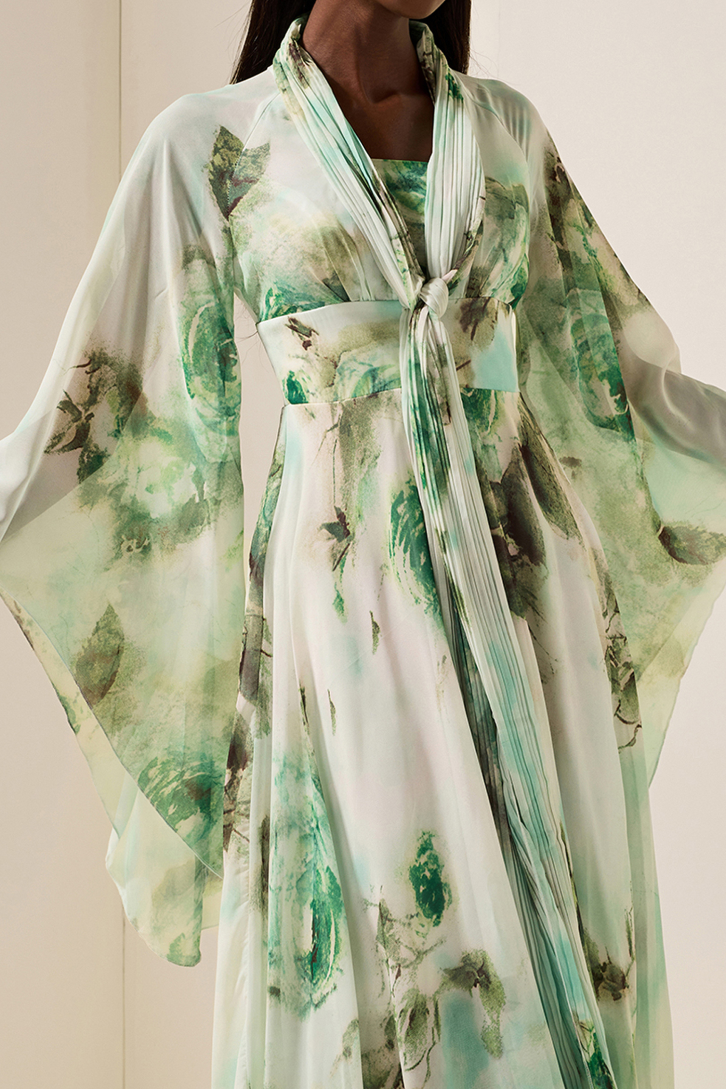 Floral Lace-Up Long Sleeve Maxi Dress