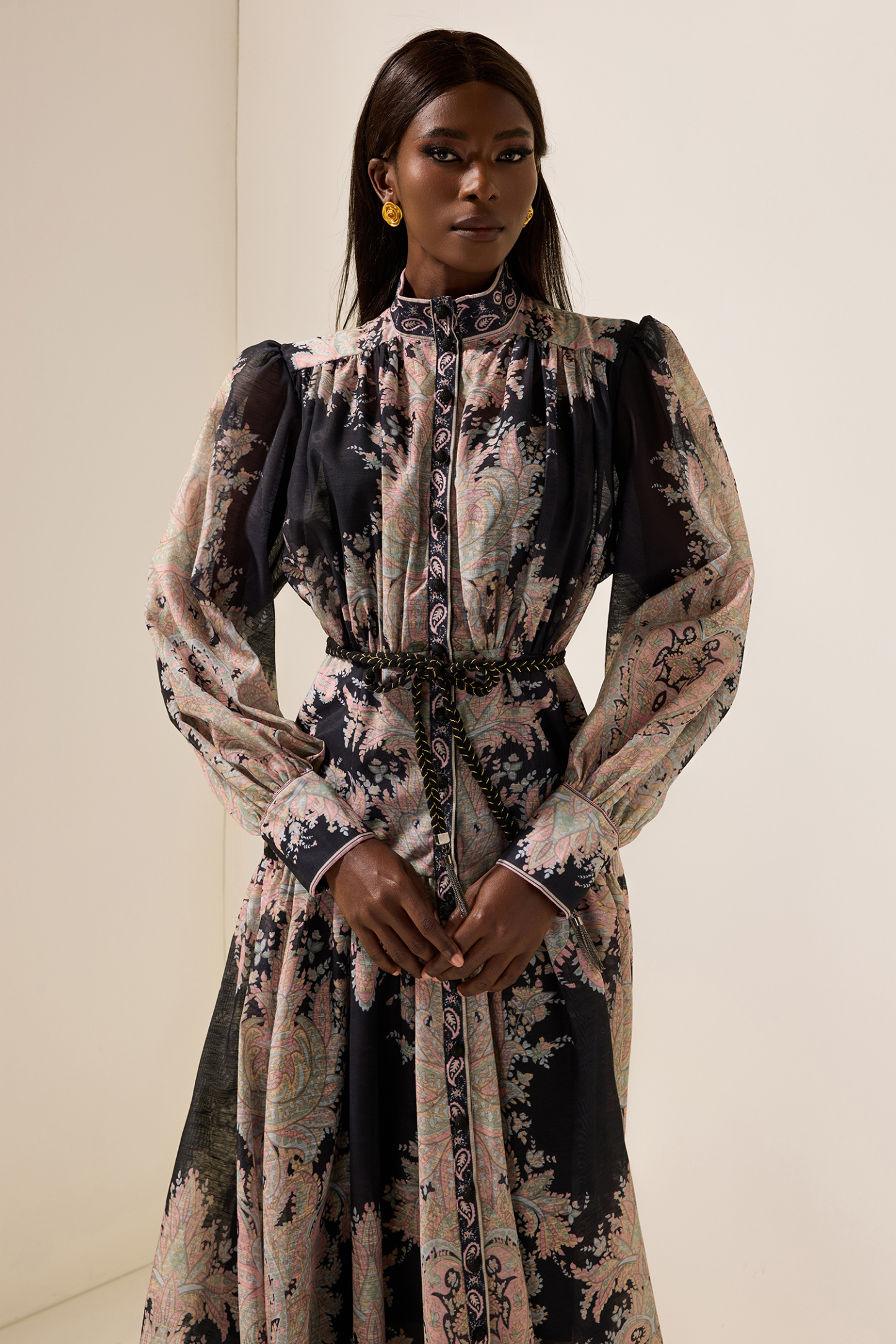 Paisley Print Lantern Sleeve Maxi Dress With Belt