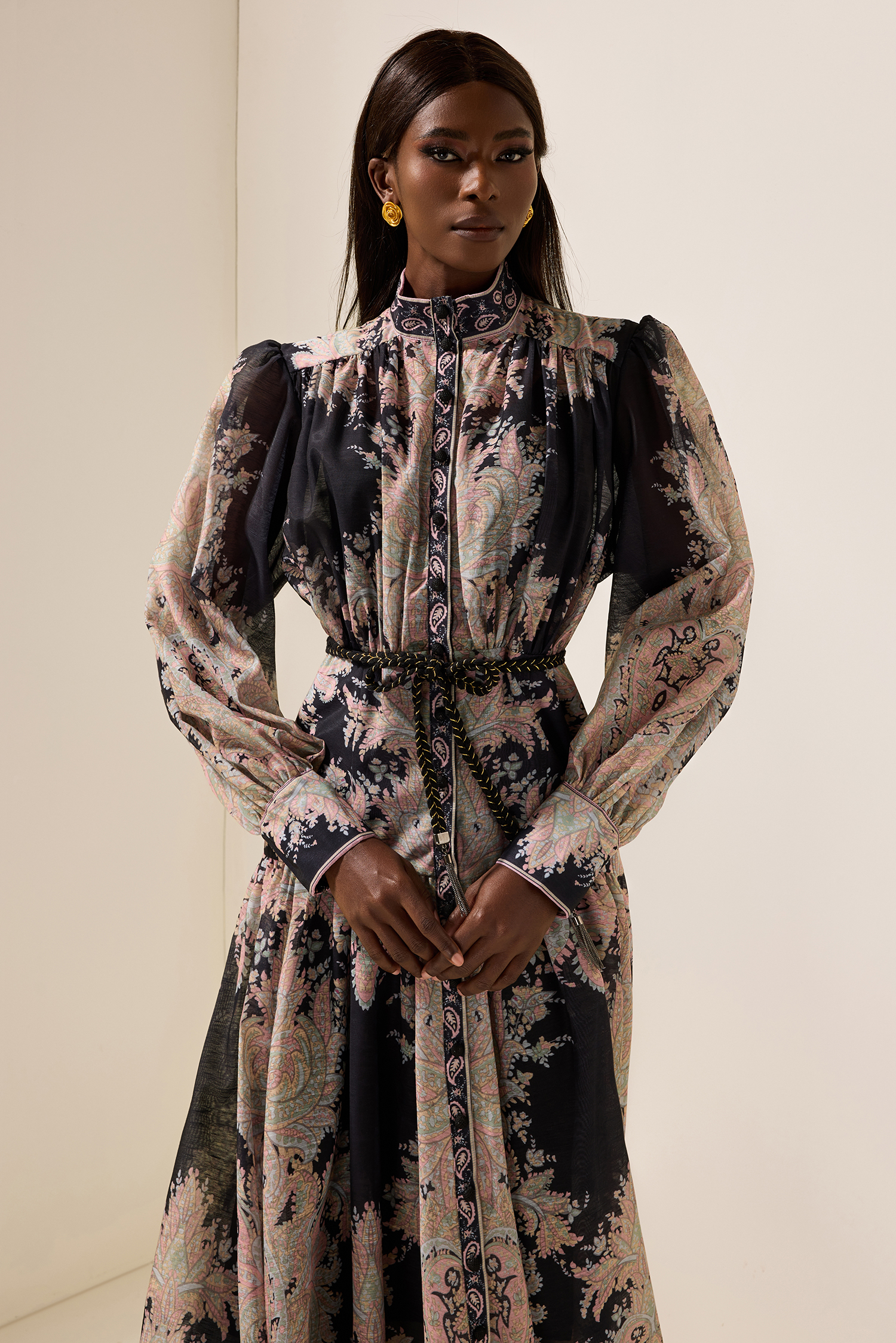 Paisley Print Lantern Sleeve Maxi Dress With Belt