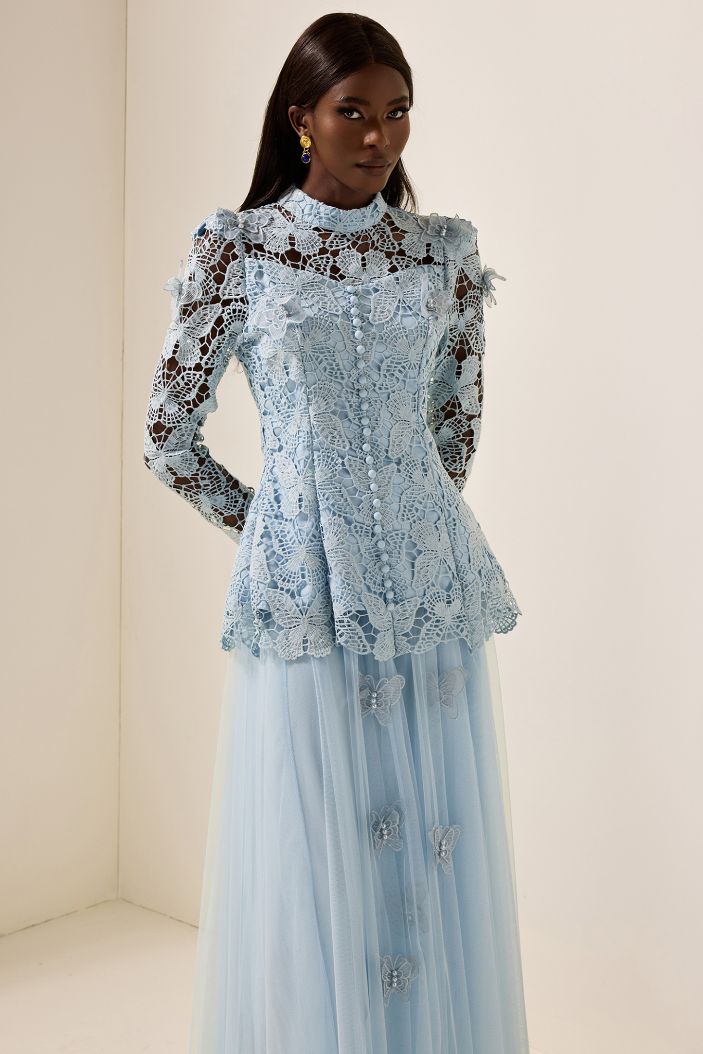 Embroidery Solid Top & Mesh Midi Dress Set