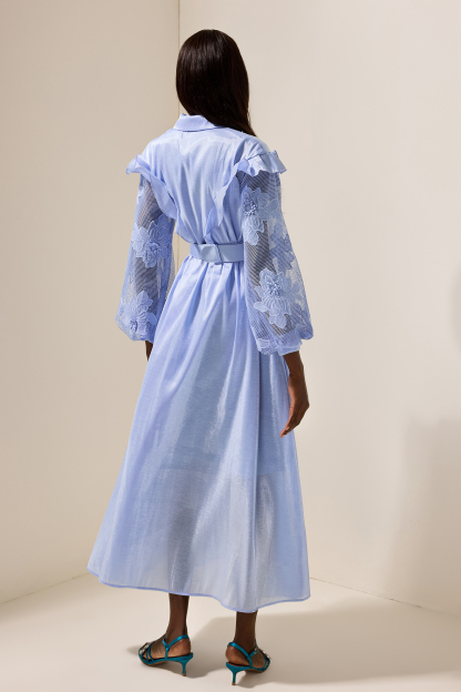 Lace Solid Frill Midi Dress With Belt