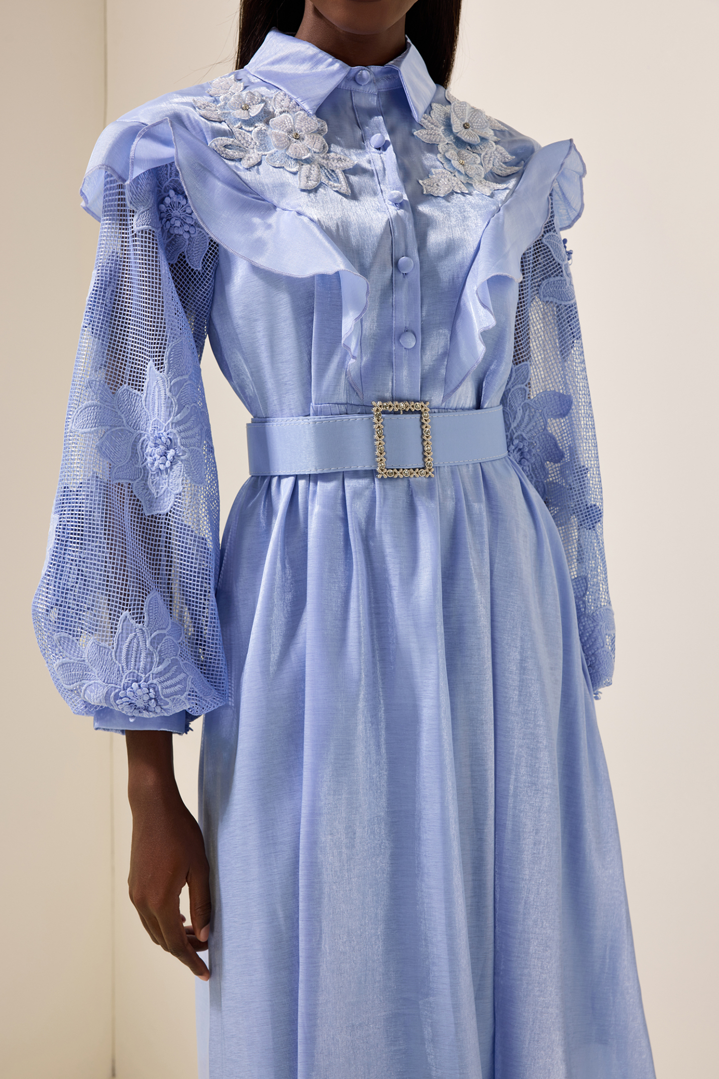 Lace Solid Frill Midi Dress With Belt