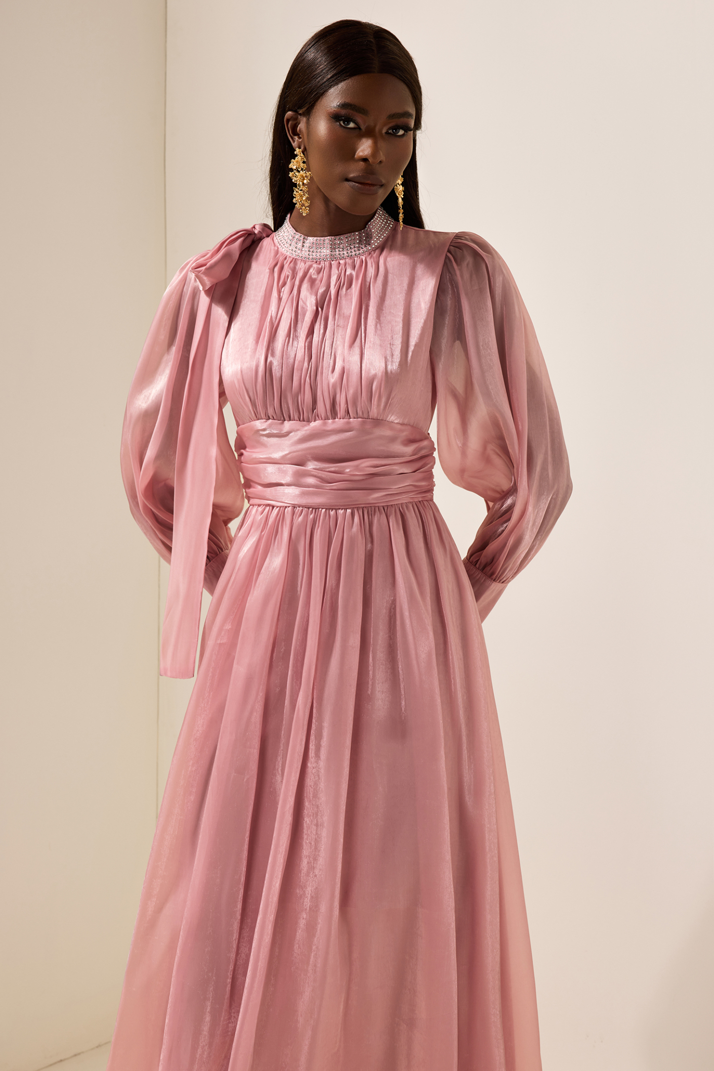 Rhinestone Solid Ruched Midi Dress