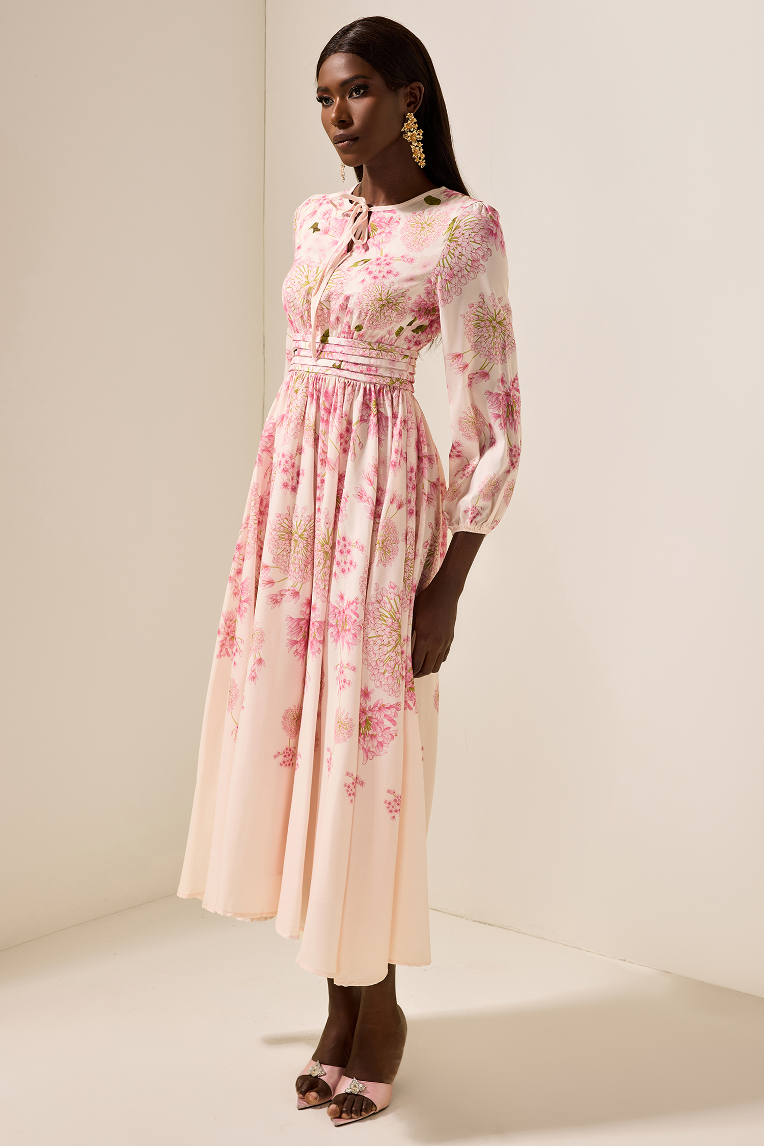 Floral Print Round Neck Puff Sleeve Maxi Dress