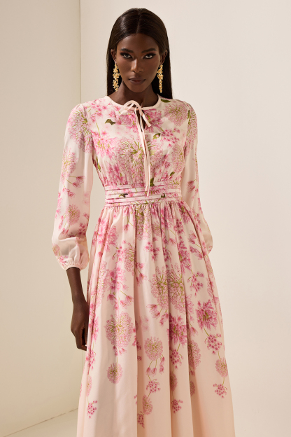 Floral Print Round Neck Puff Sleeve Maxi Dress
