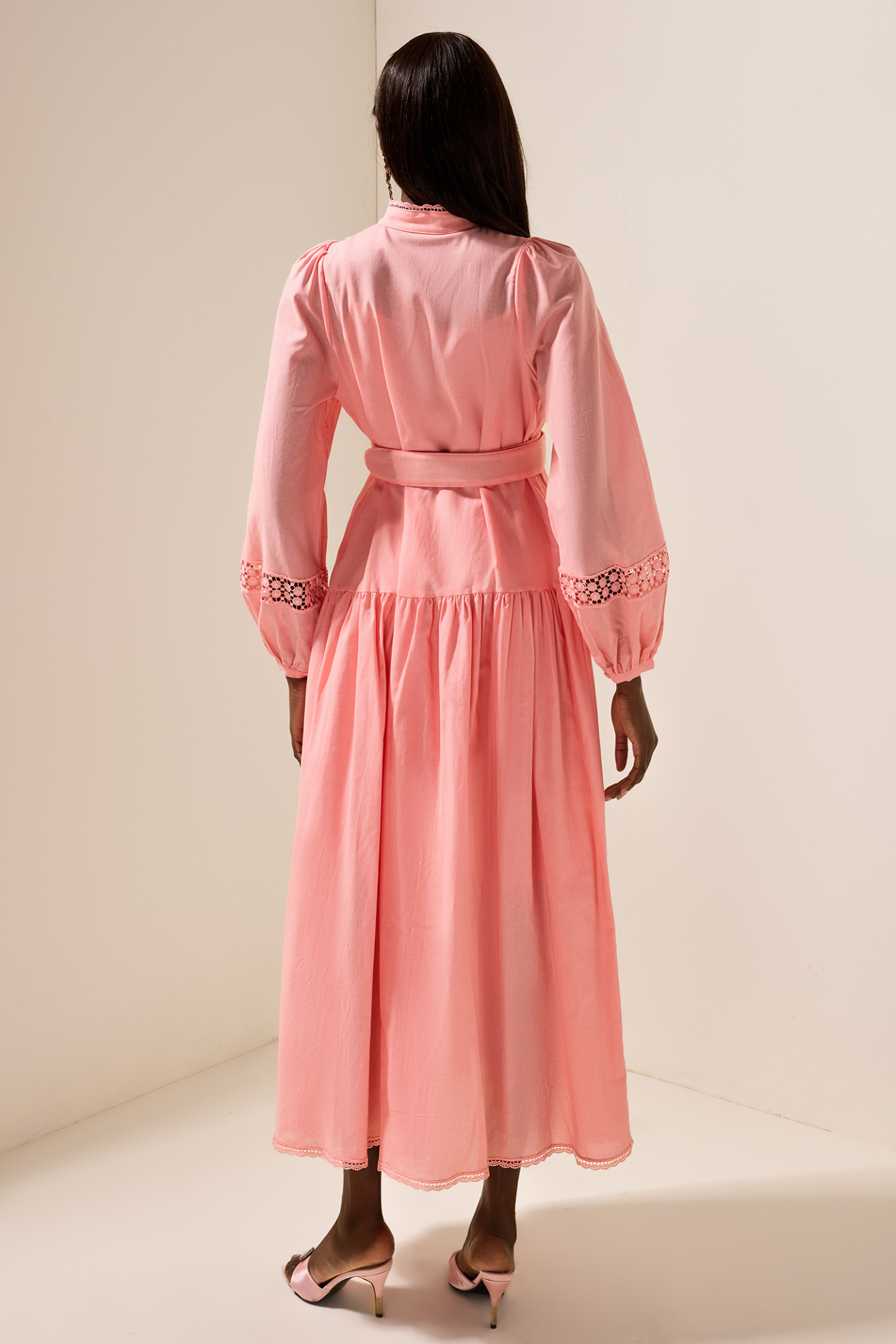 Solid Lantern Sleeve With Belt Midi Dress