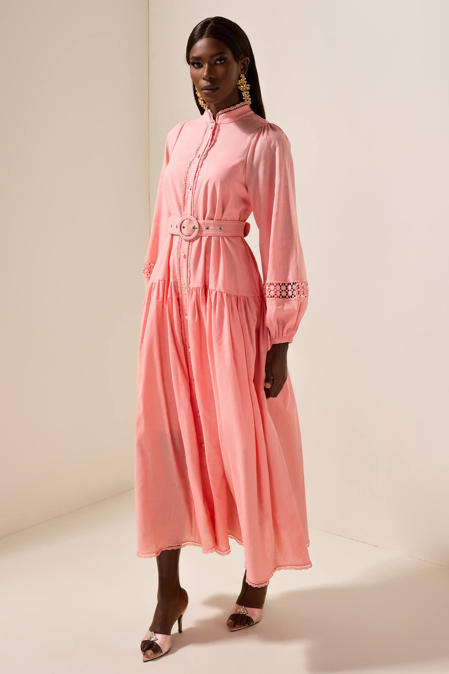 Solid Lantern Sleeve With Belt Midi Dress