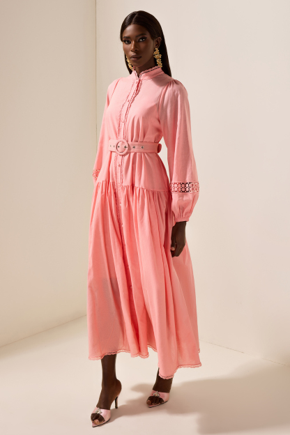 Solid Lantern Sleeve With Belt Midi Dress