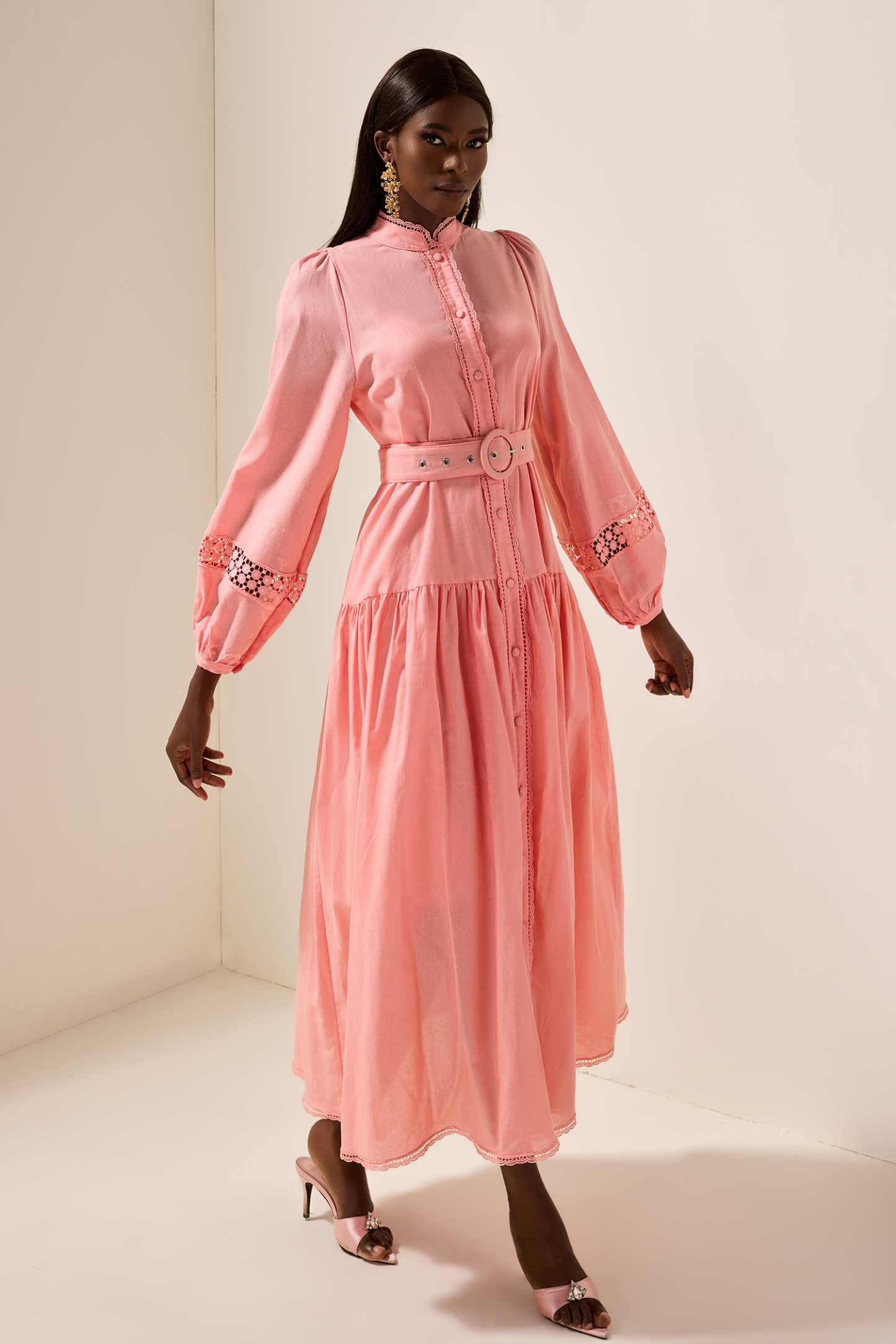 Solid Lantern Sleeve With Belt Midi Dress