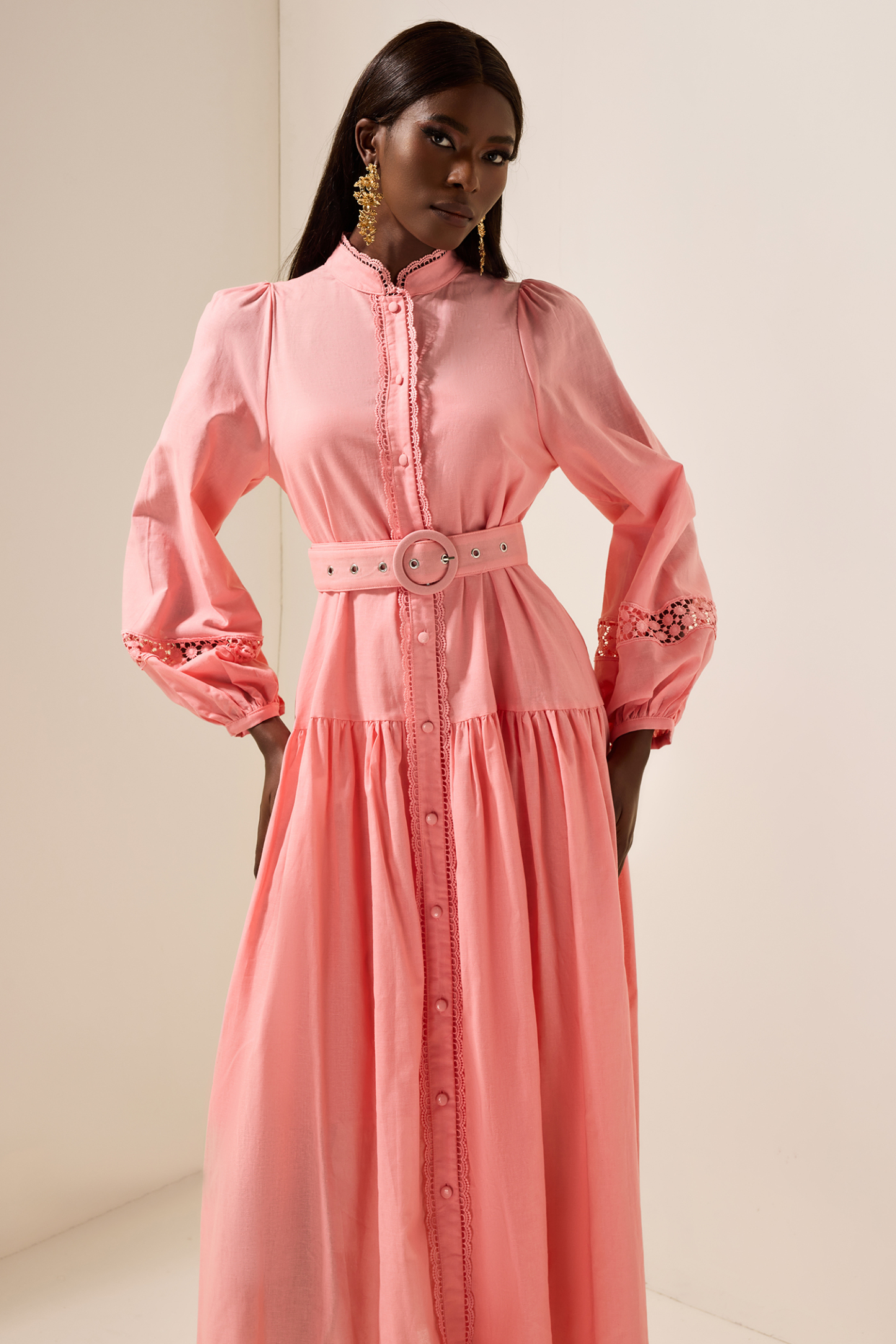 Solid Lantern Sleeve With Belt Midi Dress