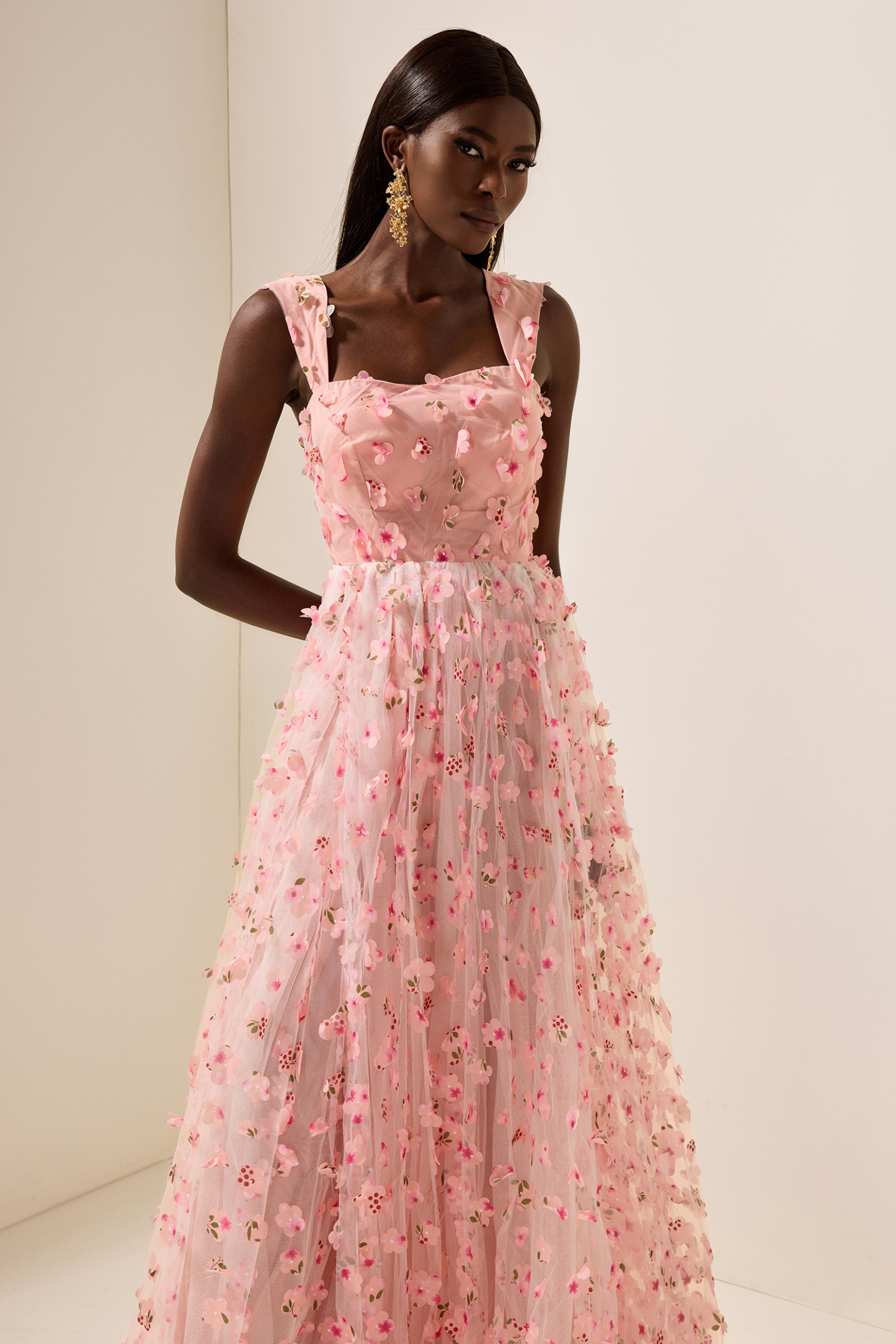 3D Floral Mesh Sleeveless Maxi Dress