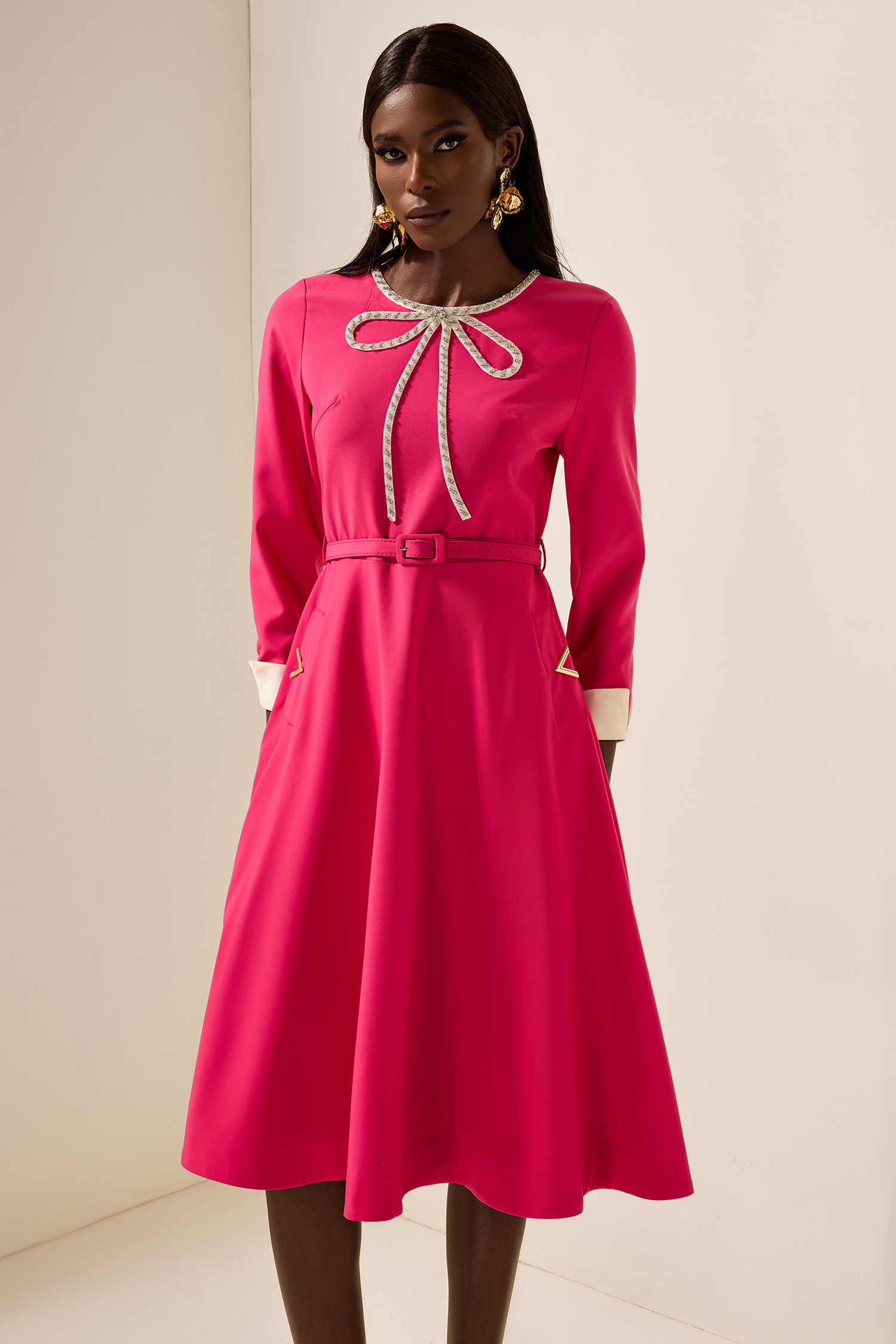 Solid Rhinestone Midi Dress With Belt