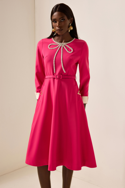 Solid Rhinestone Midi Dress With Belt