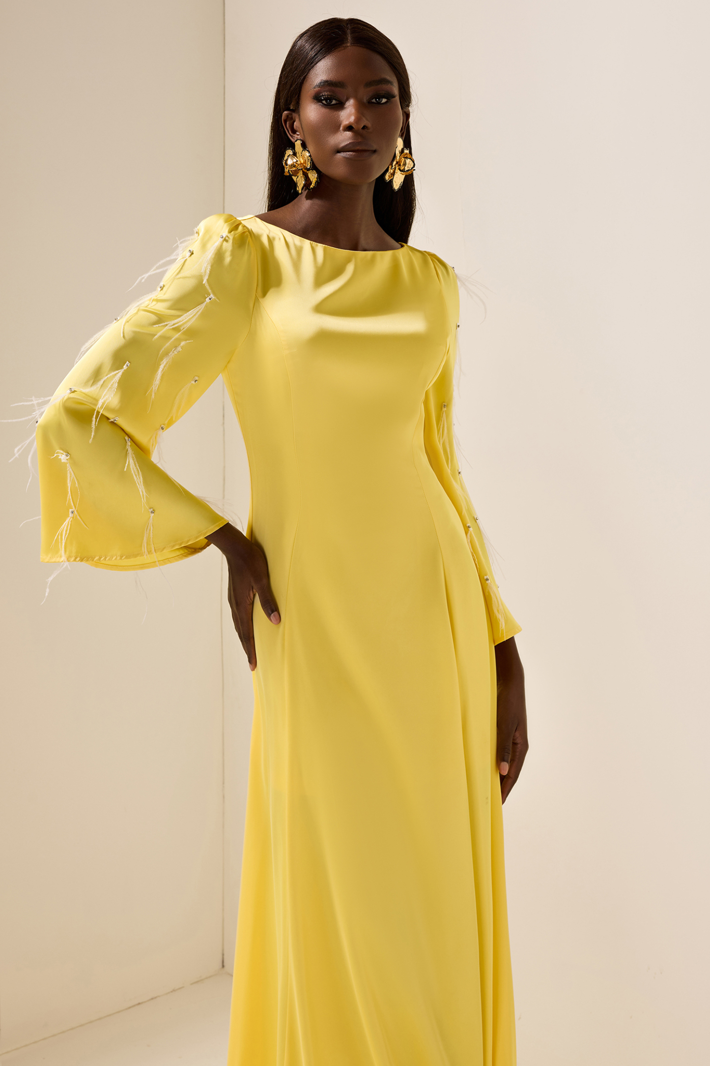 Solid Satin Rhinestone Maxi Dress