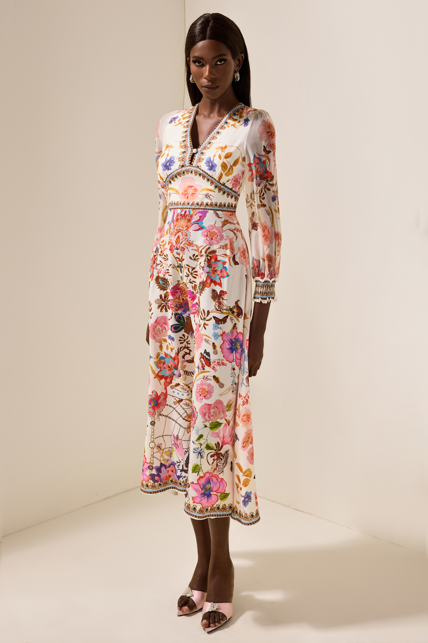 Floral Lantern Sleeve V-Neck Midi Dress