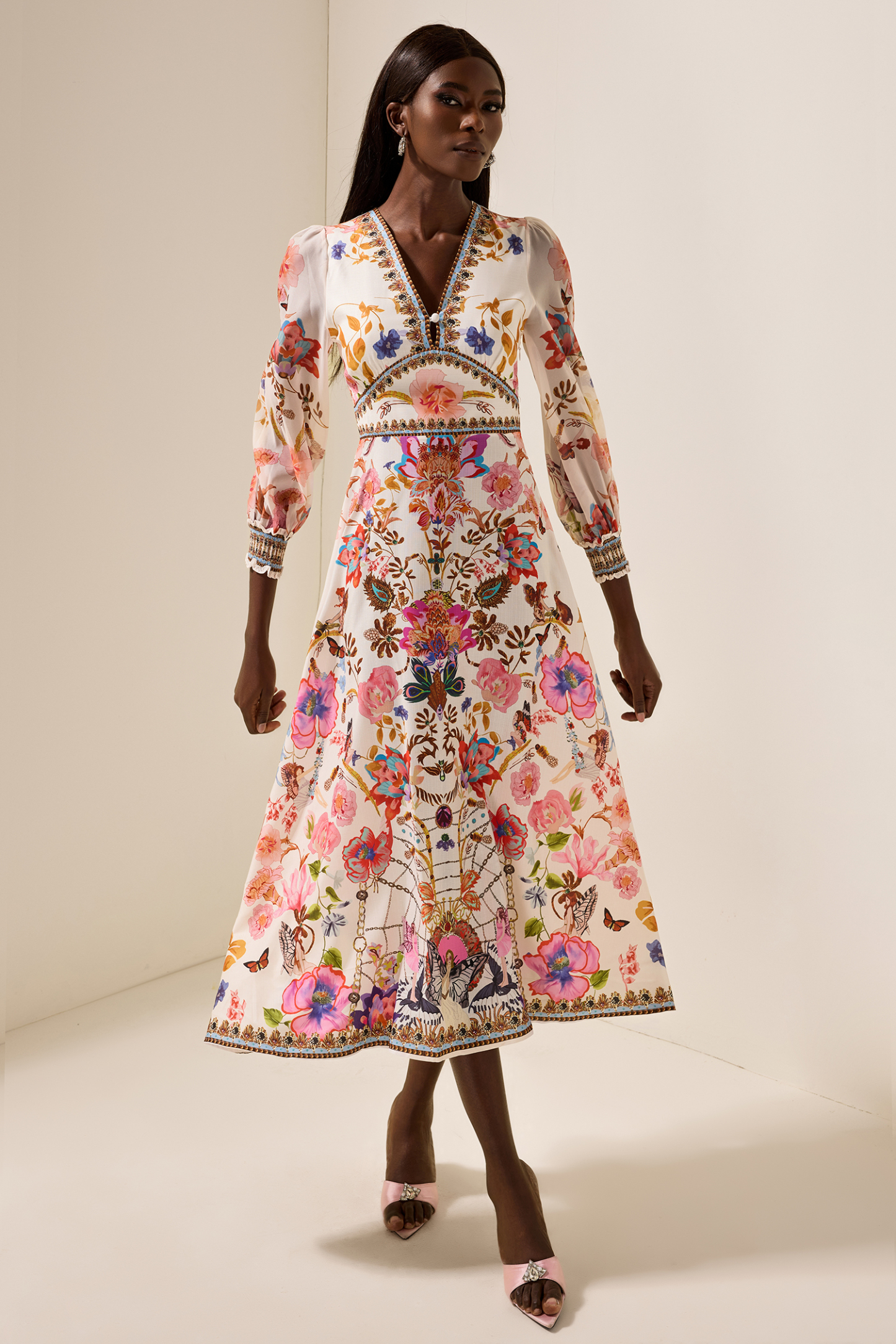 Floral Lantern Sleeve V-Neck Midi Dress