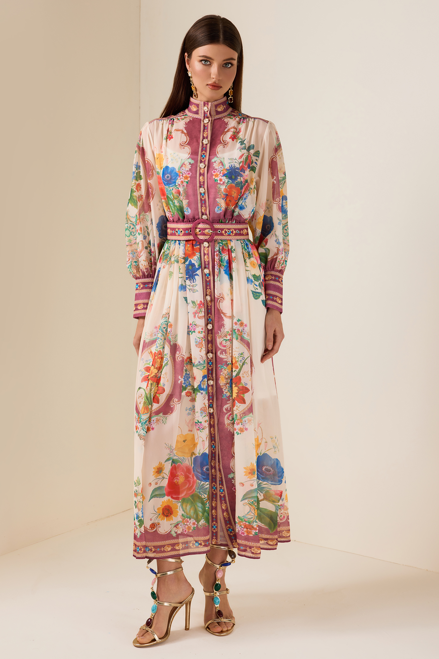 Chiffon Stand Collar Lantern Sleeve Midi Dress