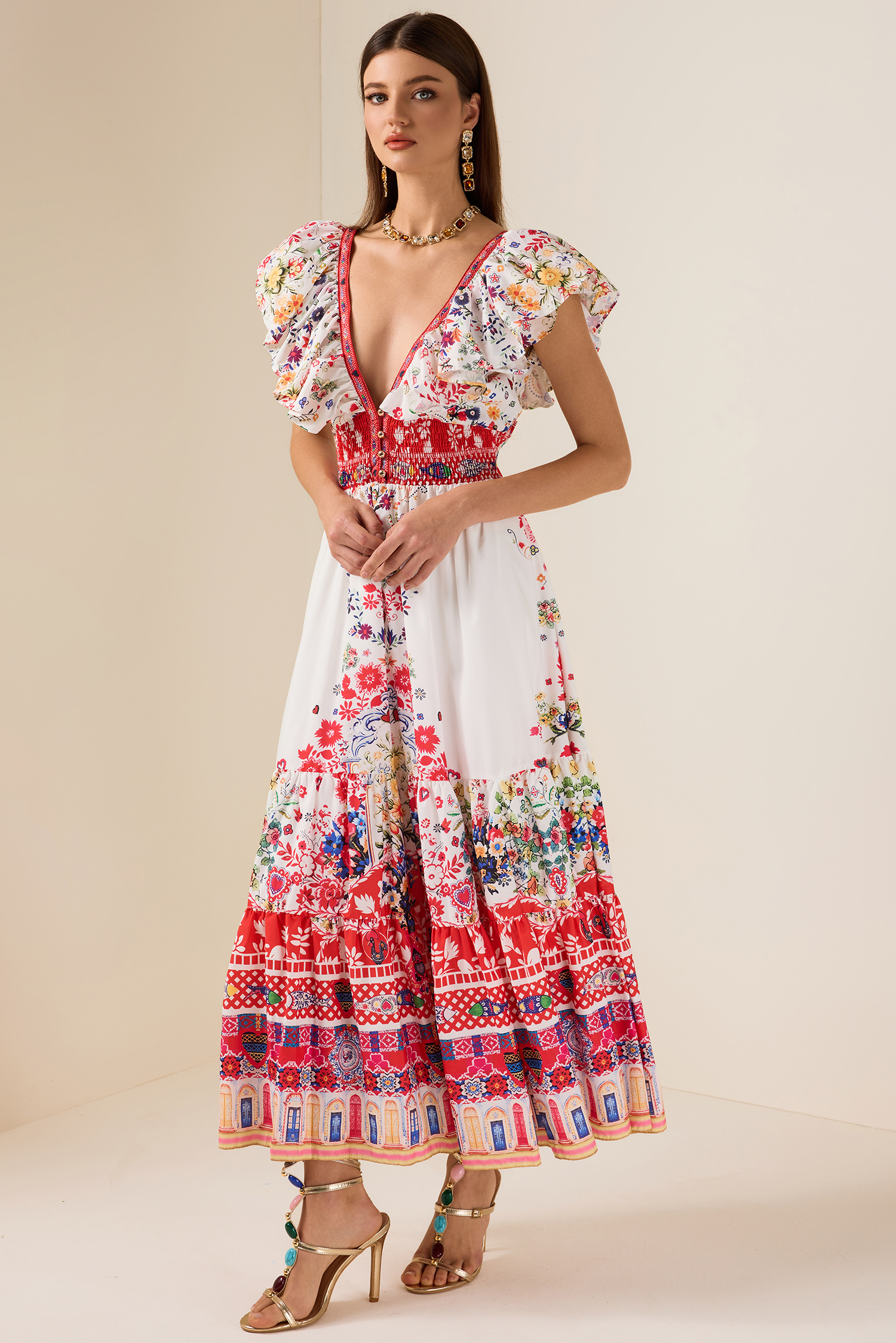 Floral Ruffle V-Neck Midi Dress