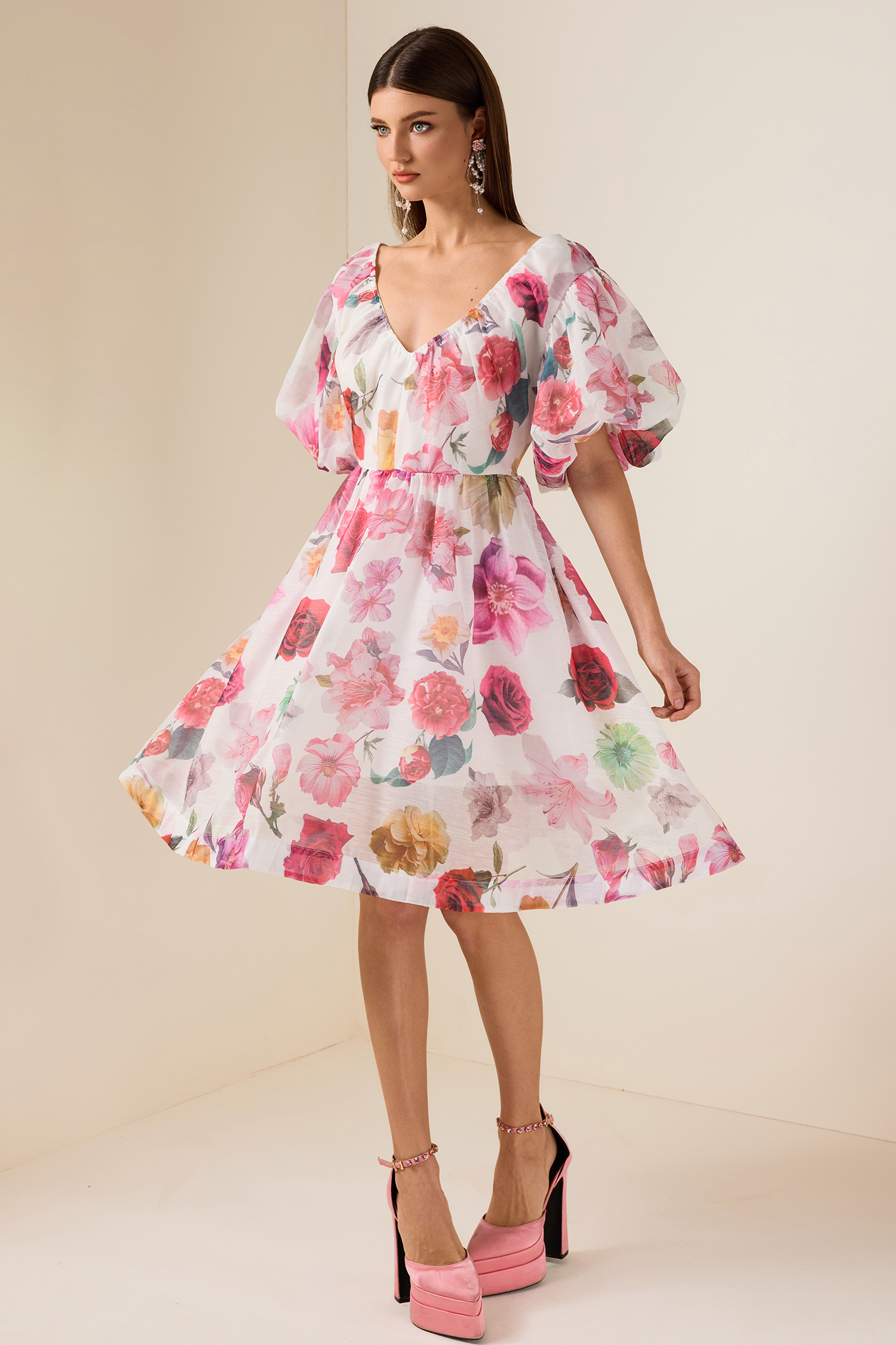 Floral V-Neck Puff Sleeve Mini Dress