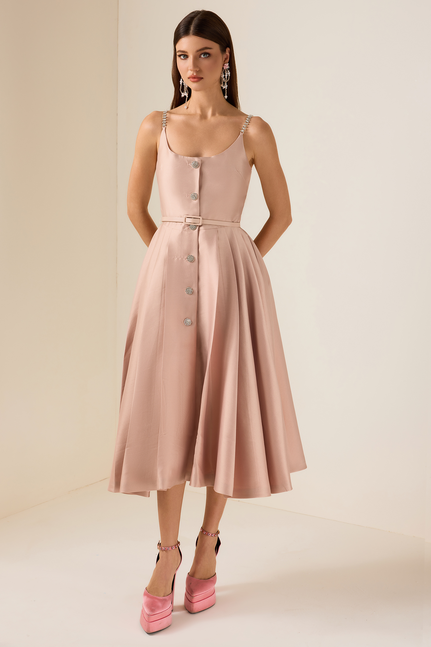 Solid Rhinestone Sleeveless Midi Dress With Belt