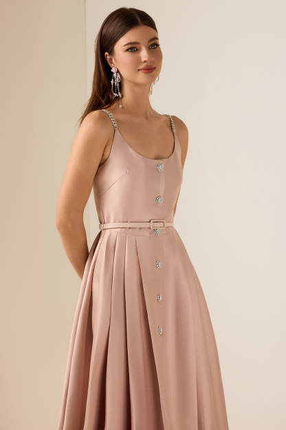 Solid Rhinestone Sleeveless Midi Dress With Belt