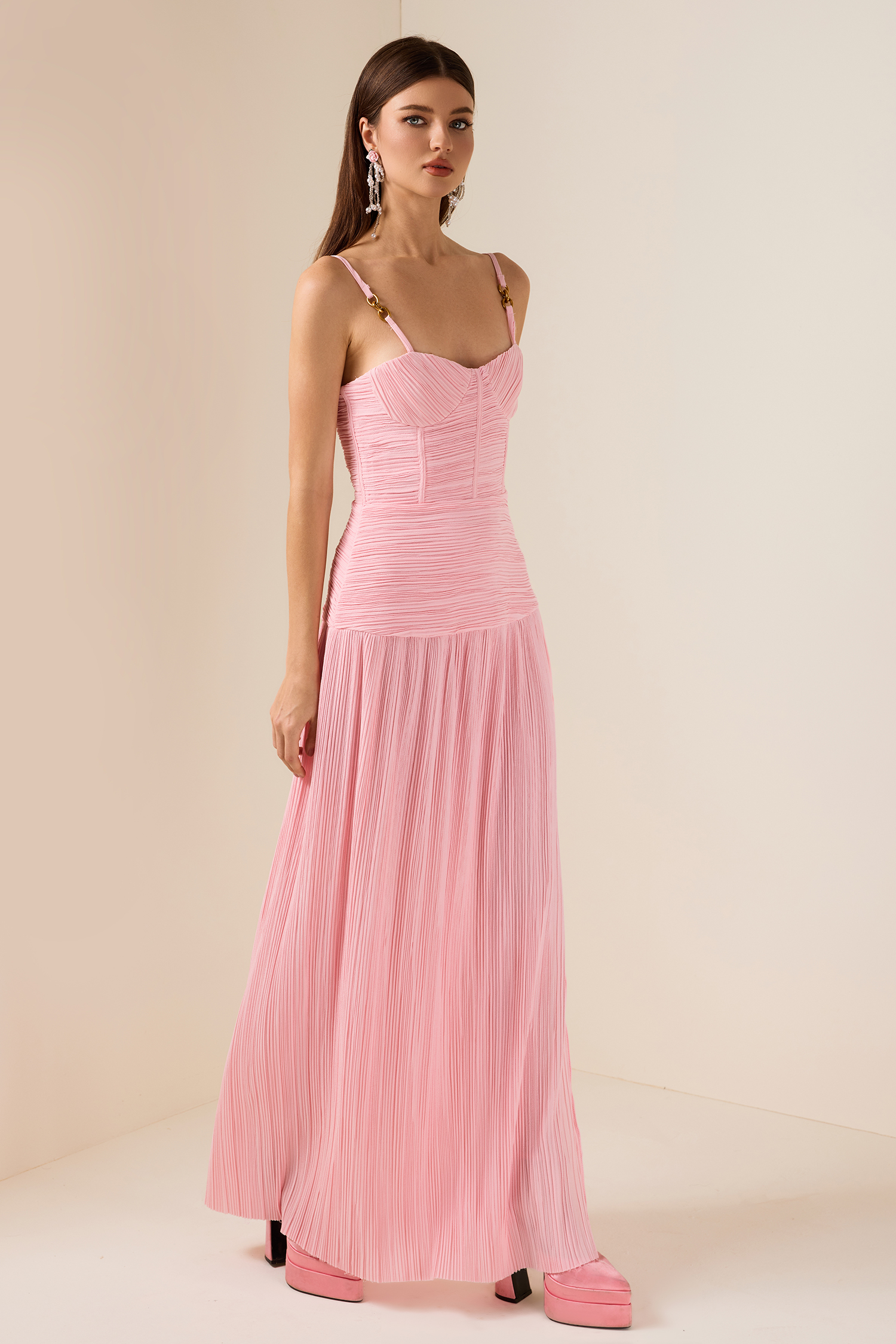 Solid Pleated Sleeveless Maxi Dress