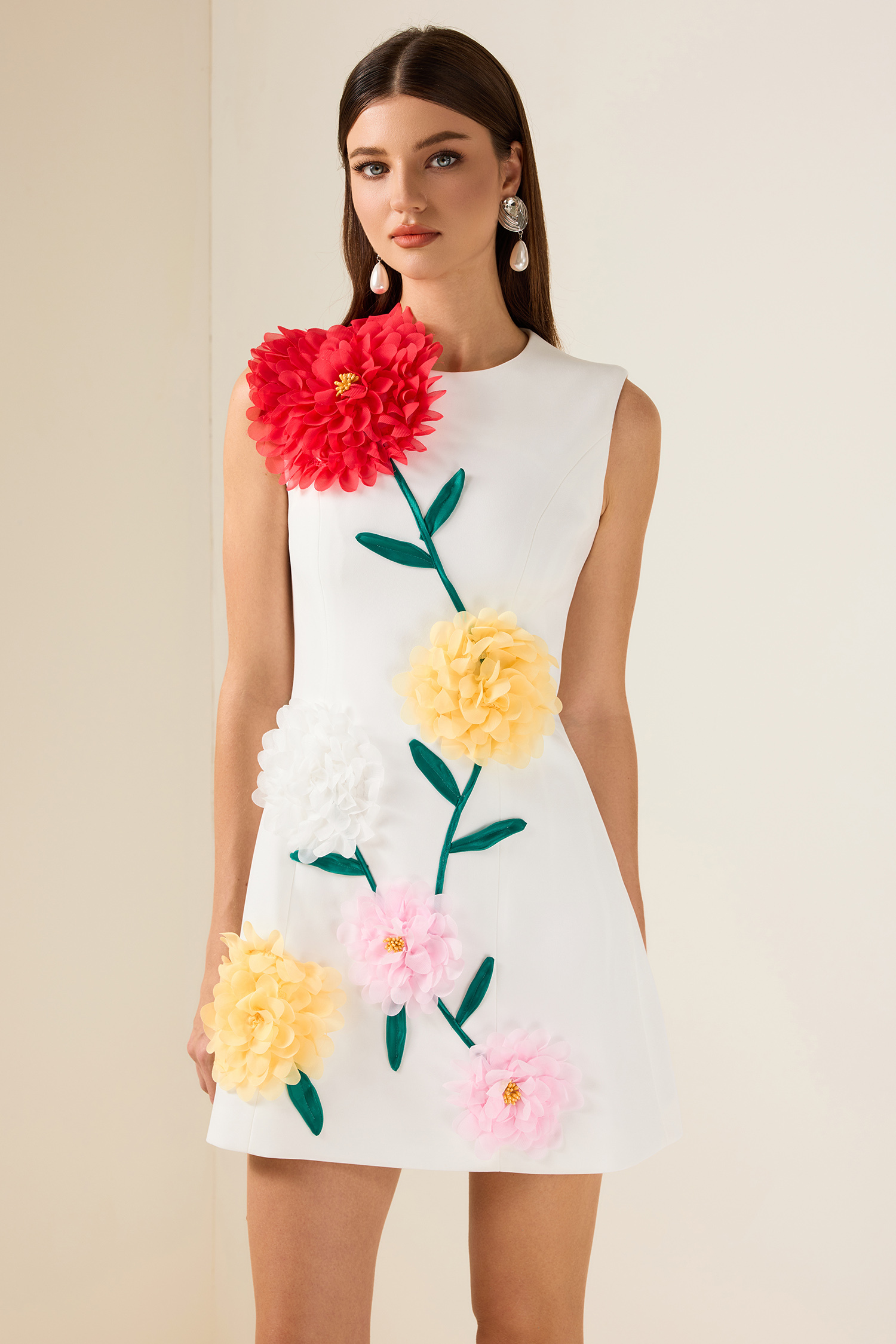 3D Flower Sleeveless Round Neck Mini Dress