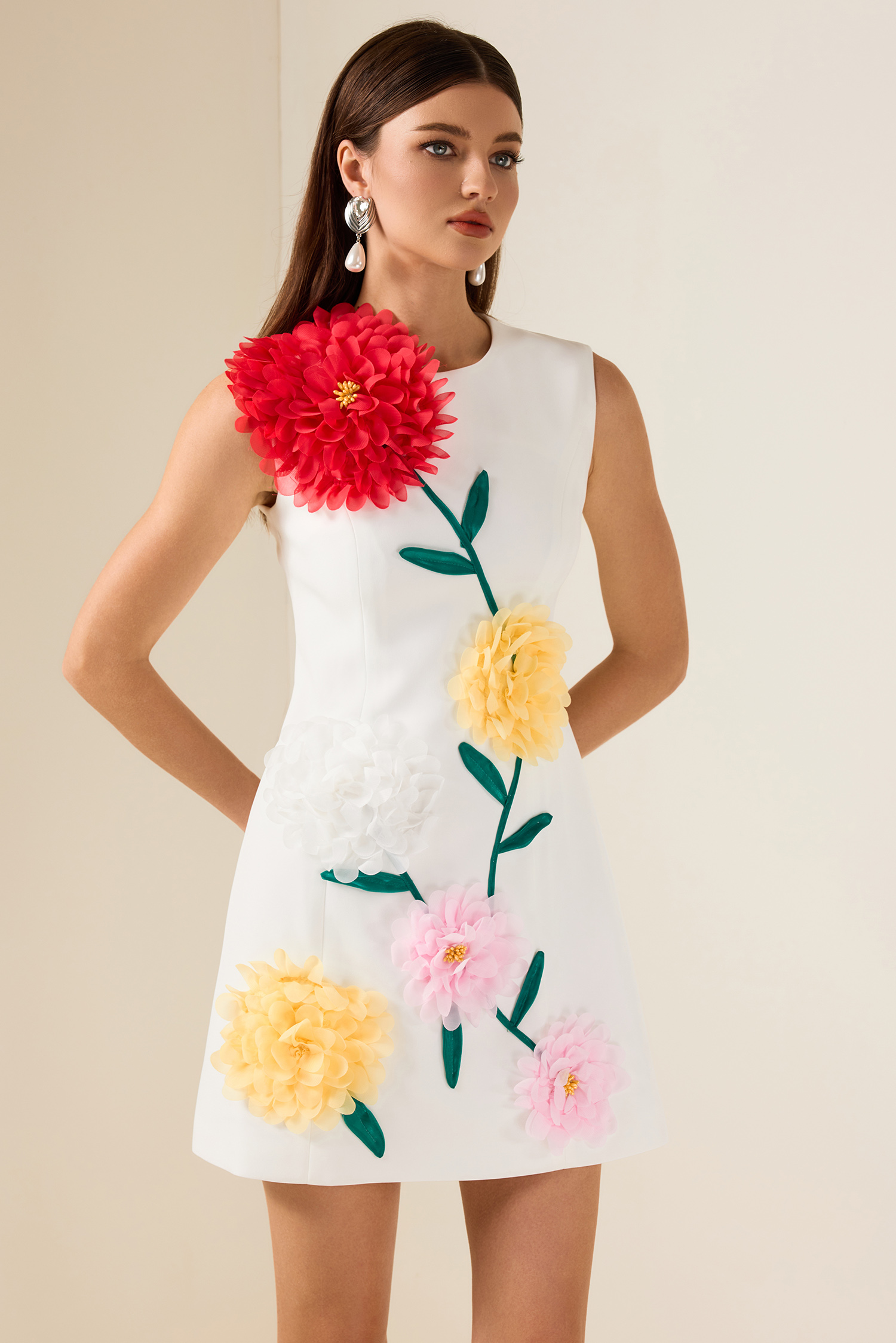 3D Flower Sleeveless Round Neck Mini Dress