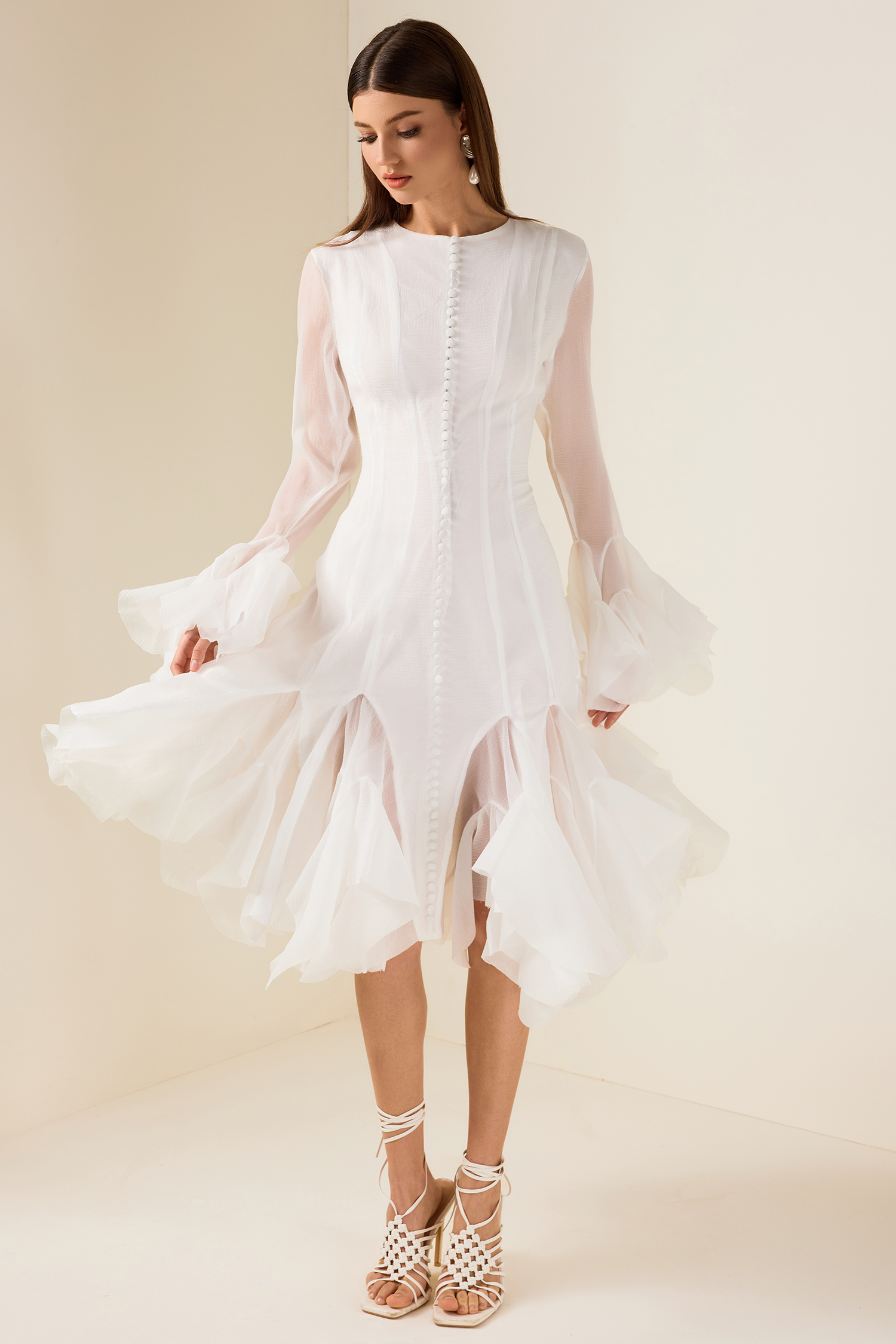 Solid Ruffle Bell Sleeve Midi Dress